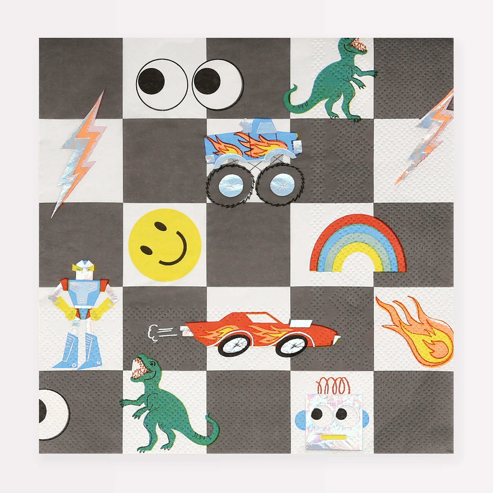 Meri Meri - 16 Papierservietten "Spielzeugkiste" Auto, Fahrzeug, Dinosaurier, Kunst, Rad