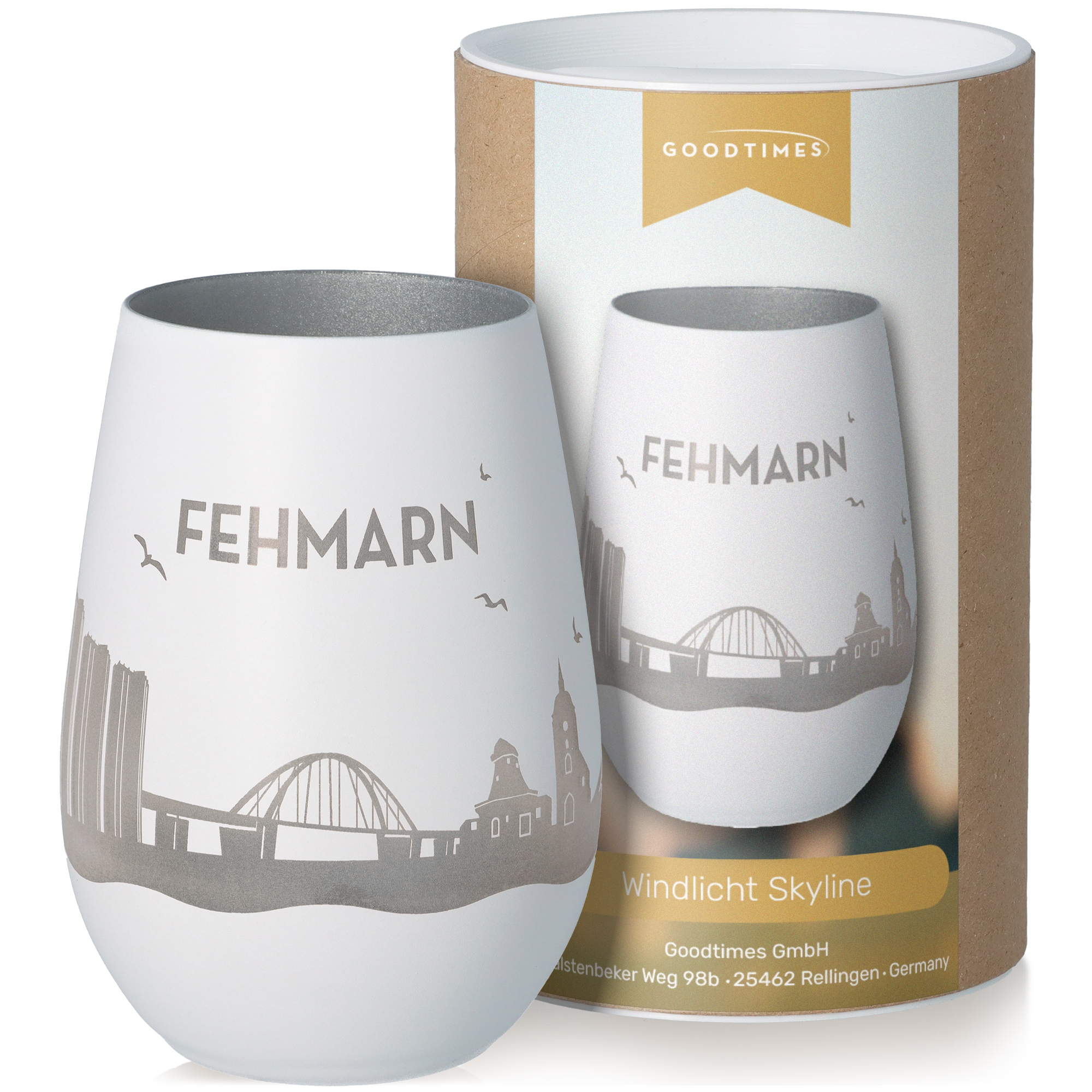 Windlicht Skyline Fehmarn Weiß/Silber Windlicht Skyline Fehmarn Weiß/Silber