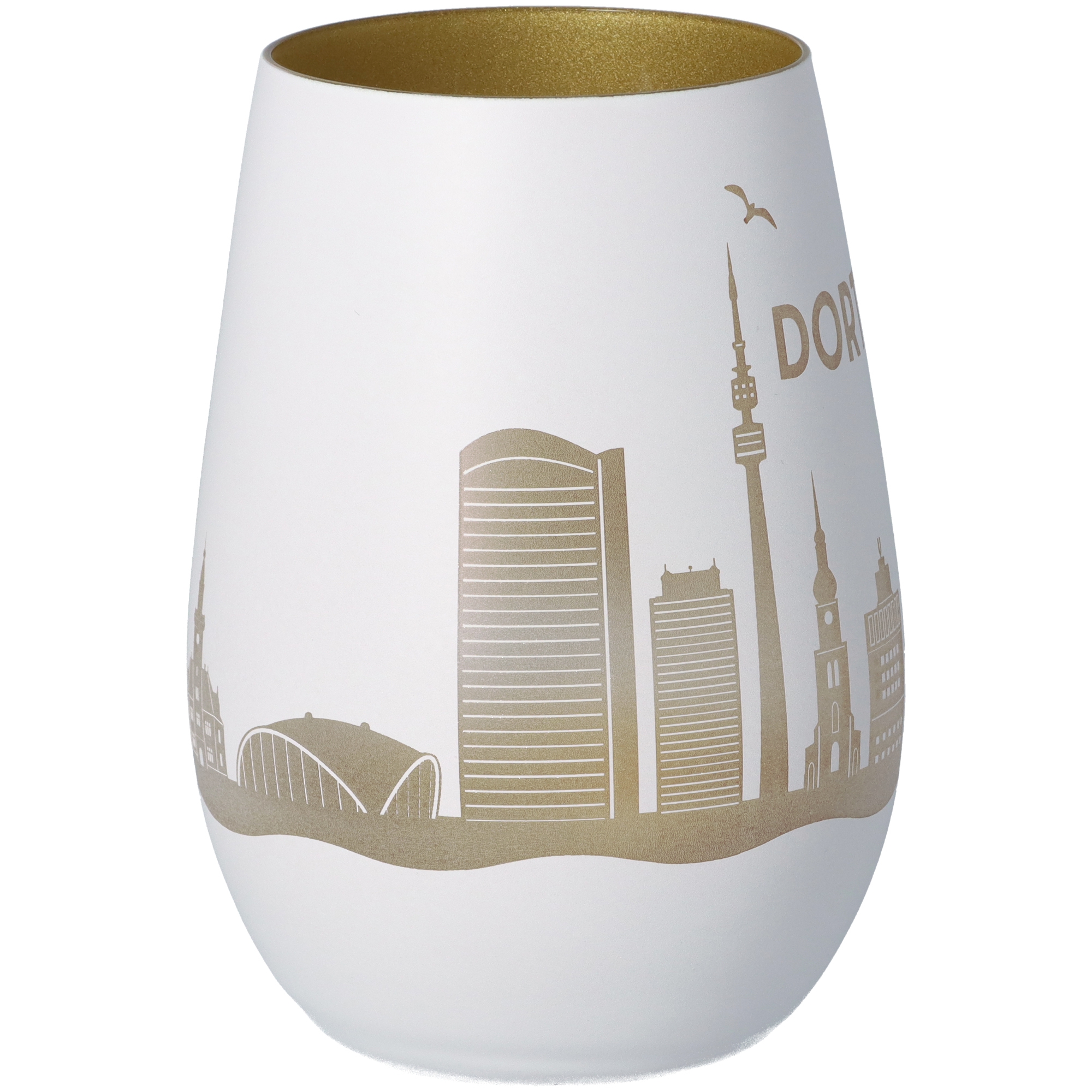 Windlicht Skyline Dortmund Weiß/Gold Töpferei, Krug, Vase, Porzellan, Glas