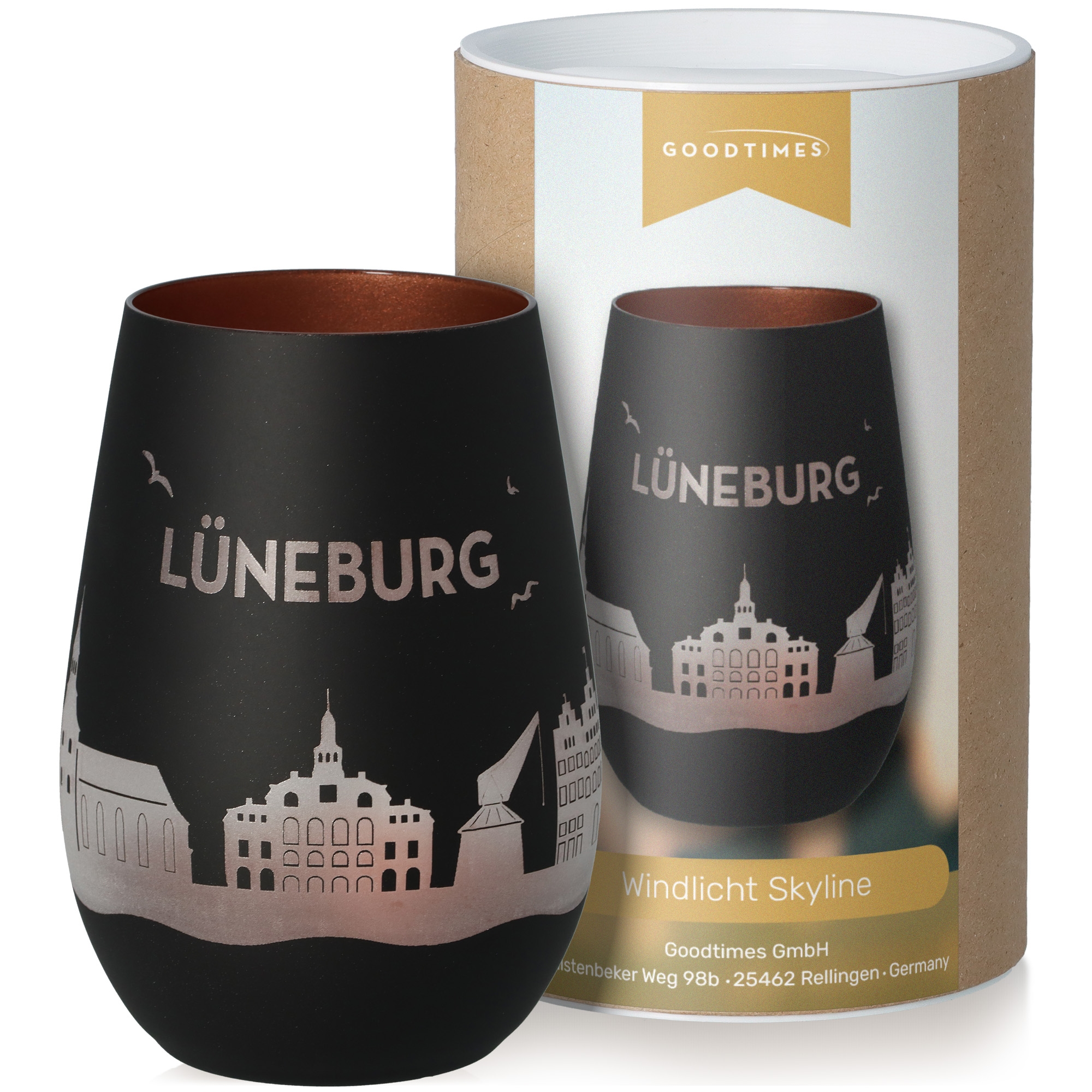 Windlicht Skyline Lüneburg Schwarz/Bronze Krug, Töpferei, Tasse