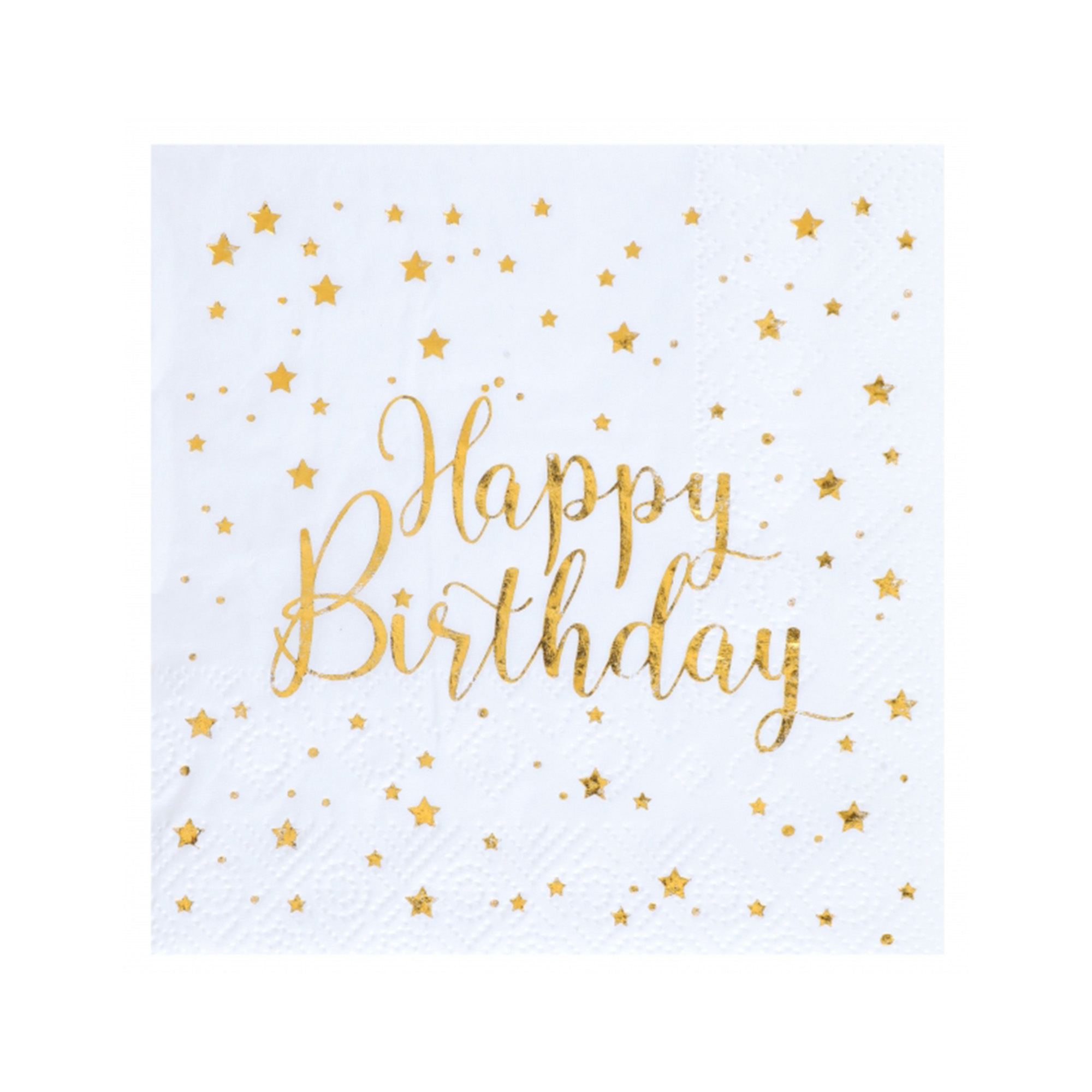20 Cocktailservietten "Happy Birthday" Weiß/Gold Papier, Konfetti