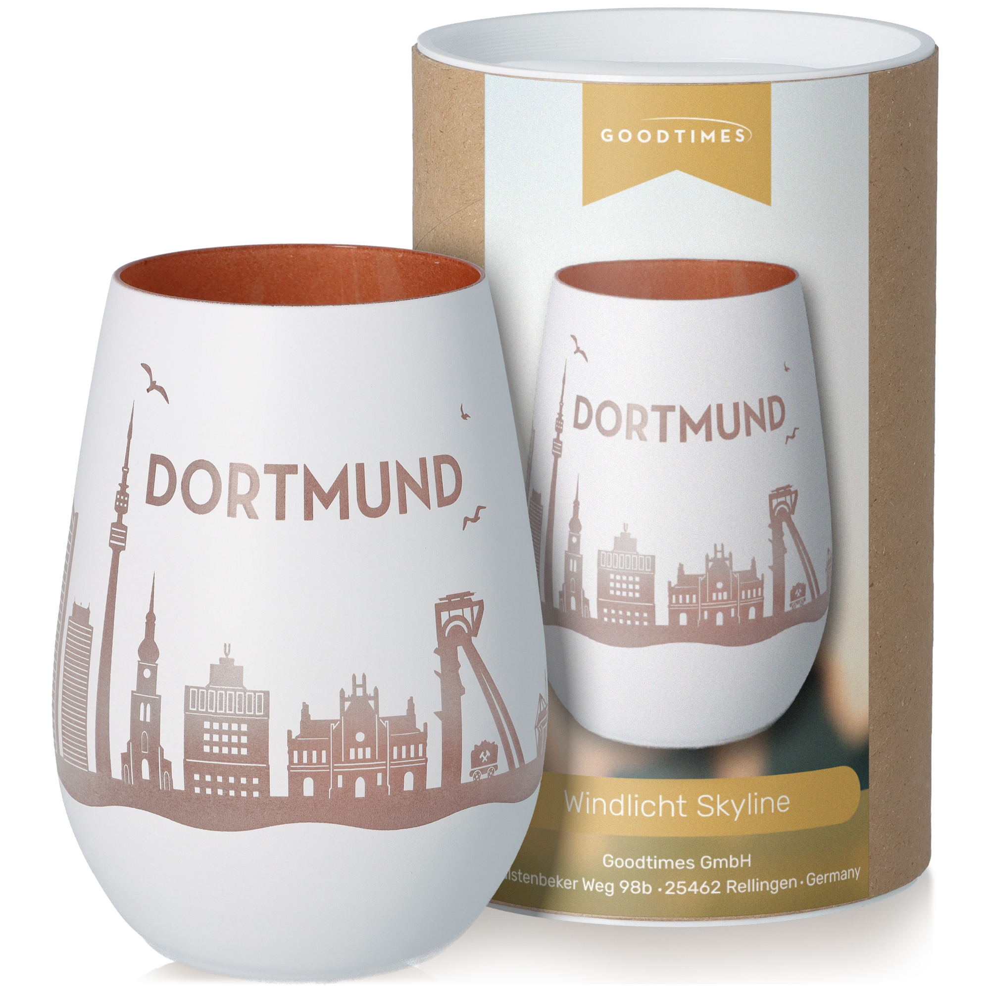Windlicht Skyline Dortmund Weiß/Bronze Töpferei, Tasse, Kunst, Porzellan