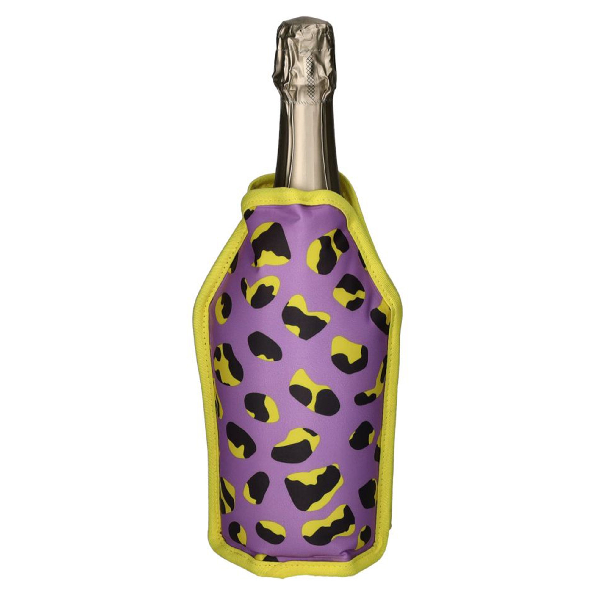 Kühlmanschette "Leomuster" Lila/Schwarz/Gelb Getränk, Flasche, Schnaps, Wein, Weinflasche