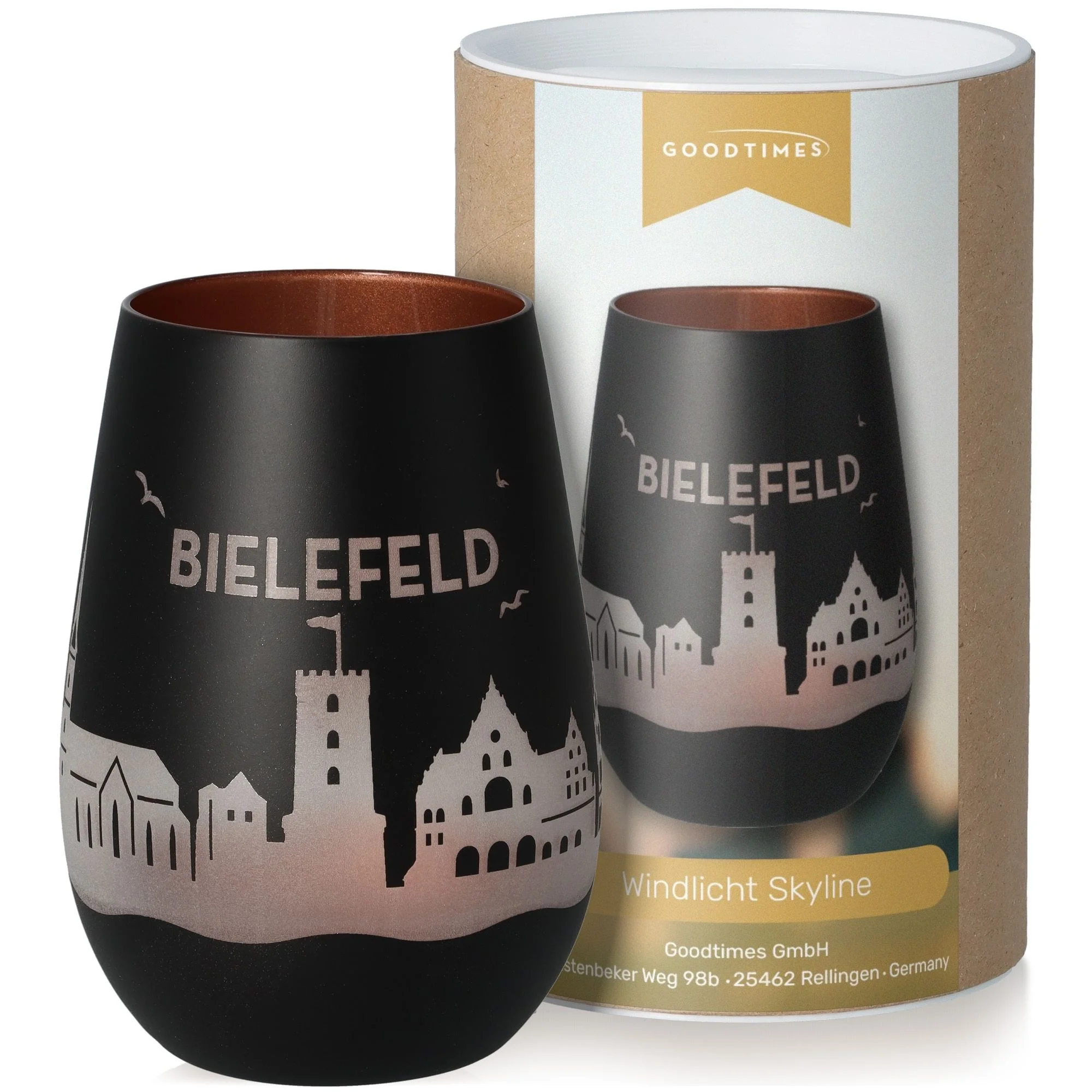 tumbler, glass tumbler, schwarzes glas, windmühlenskyline, reisetasse