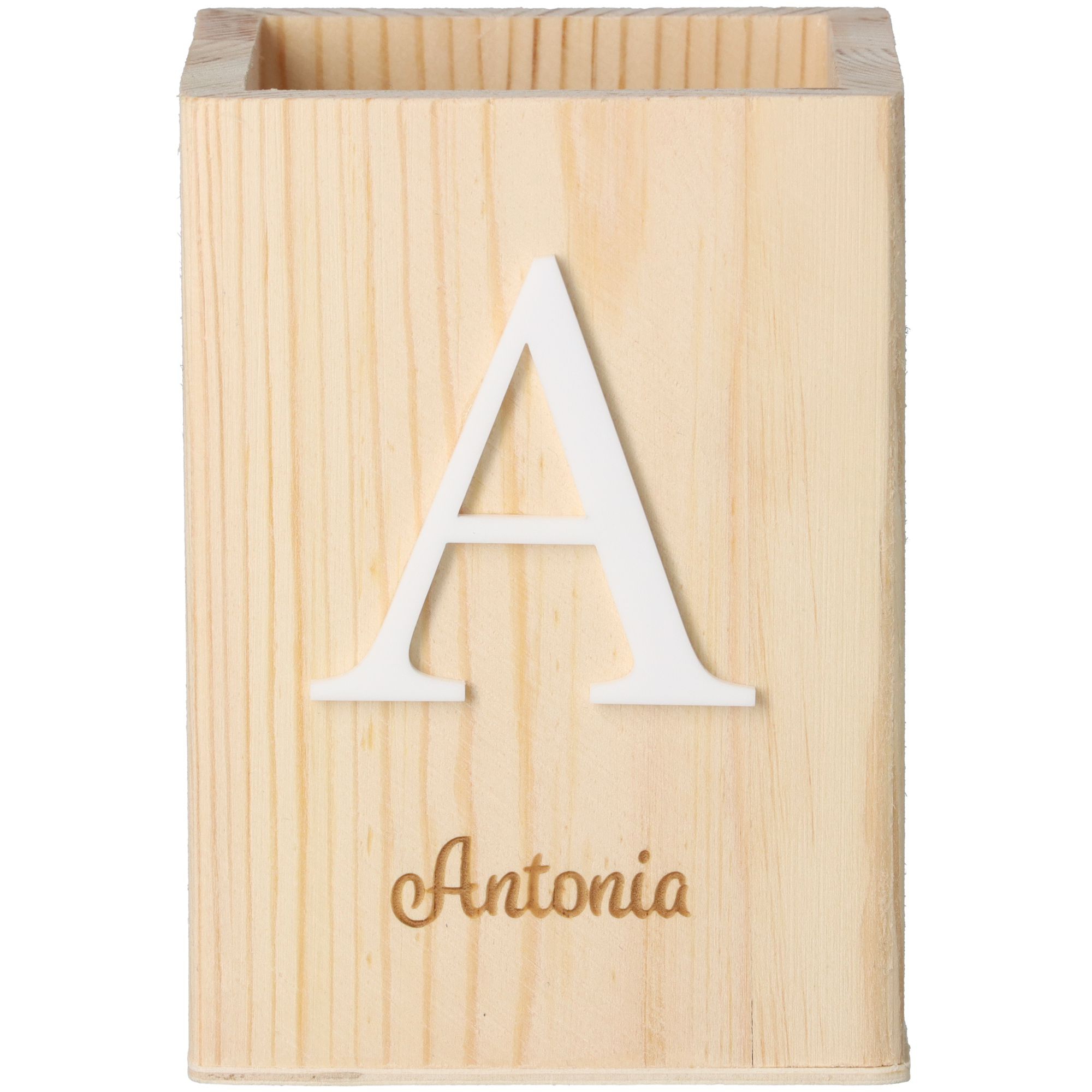 Stiftehalter Initial & "Name" aus Holz 11cm x 8cm x 8cm