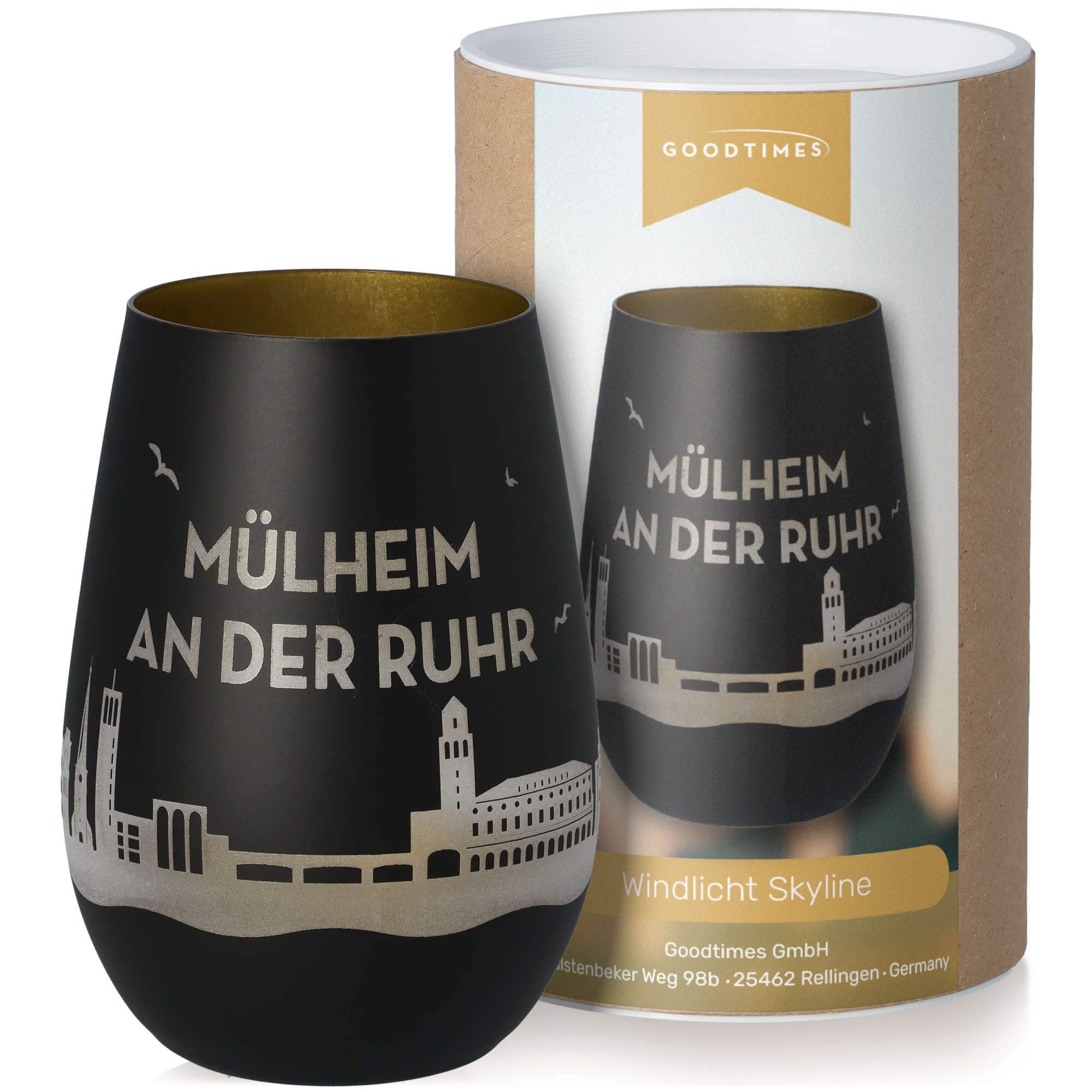 Windlicht Skyline Mülheim an der Ruhr Schwarz/Gold Krug, Töpferei