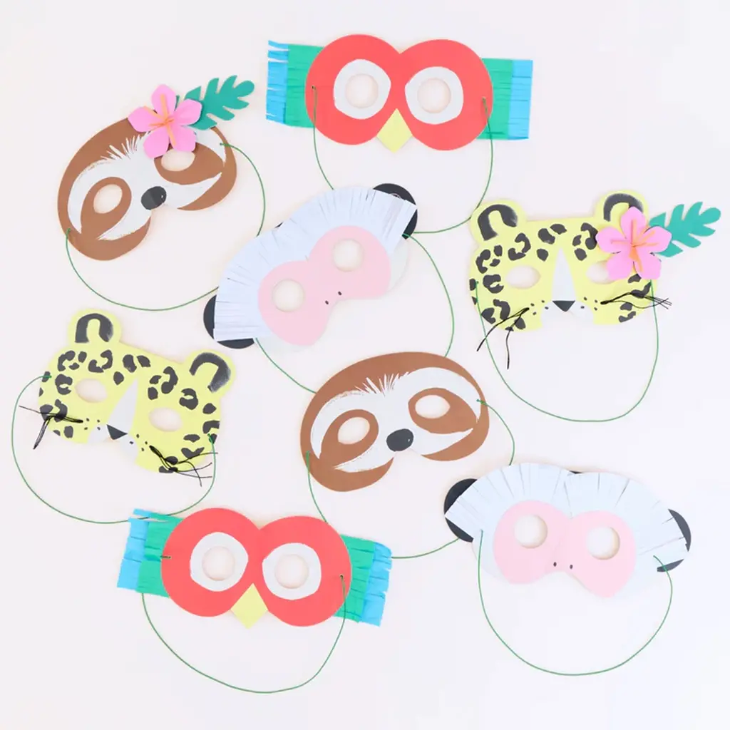 papiermasken, maskenbogen, tiermuster, flügelblumen, bunte masken