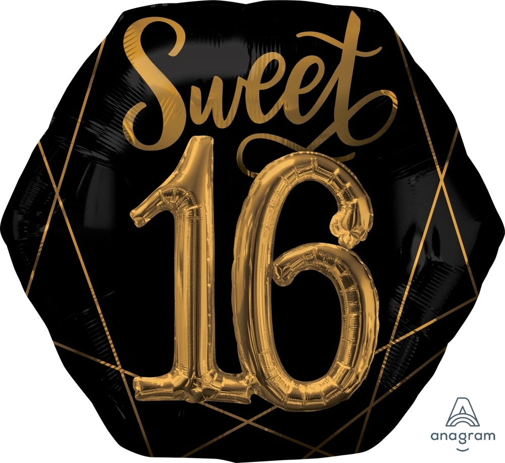 Folienballon "Sweet 16" 3D Schwarz / Gold 70cm