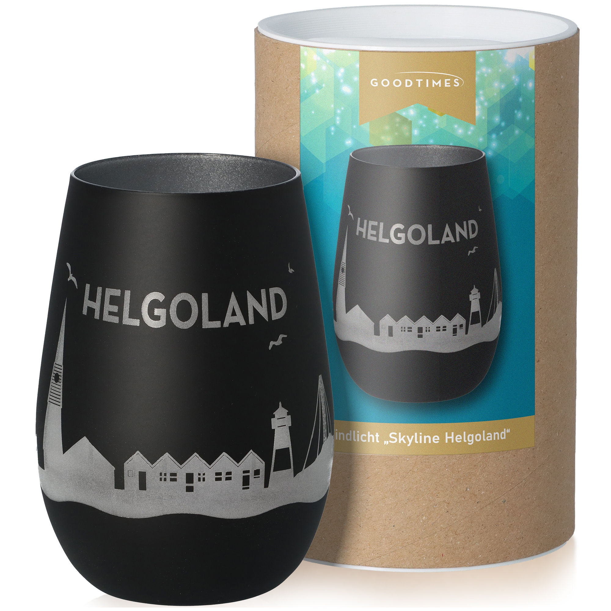 Windlicht Skyline Helgoland Schwarz/Silber