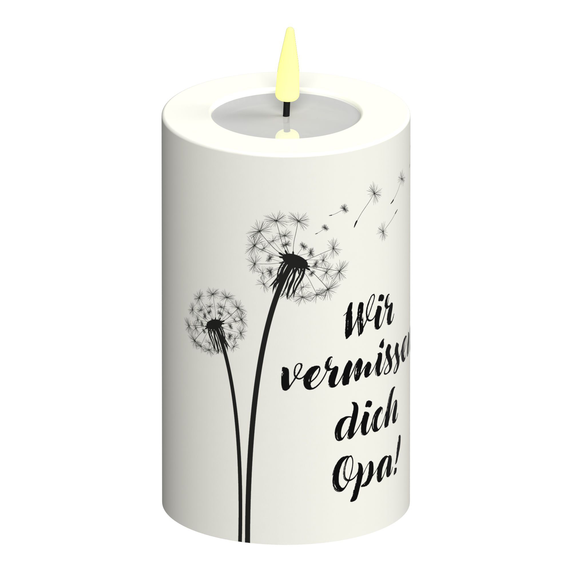 LED Stumpenkerze Weiß Pusteblume "Wir vermissen dich Opa!"ED Stumpenkerze Weiß Pusteblume "Wir vermissen dich Opa!" LED Stumpenkerze Weiß Pusteblume "Wir vermissen dich Opa!"ED Stumpenkerze Weiß Pusteblume "Wir vermissen dich Opa!"