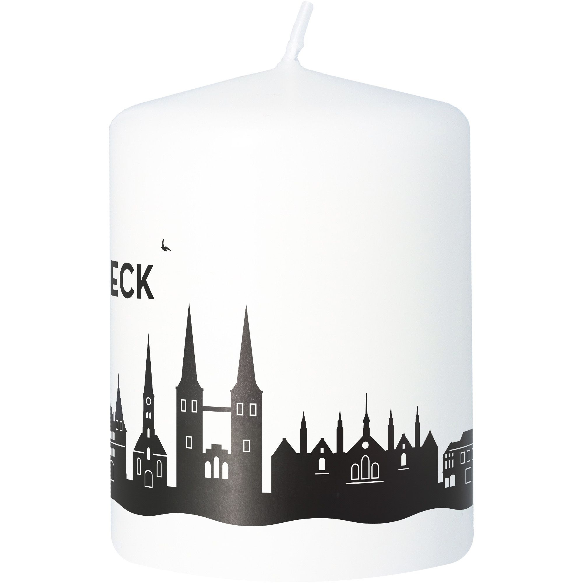 Stumpenkerze Skyline Lübeck Weiß