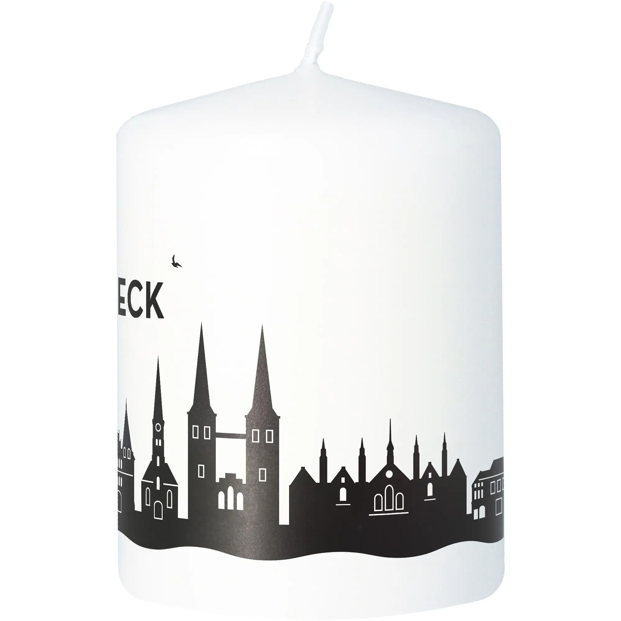 Stumpenkerze Skyline Lübeck Weiß