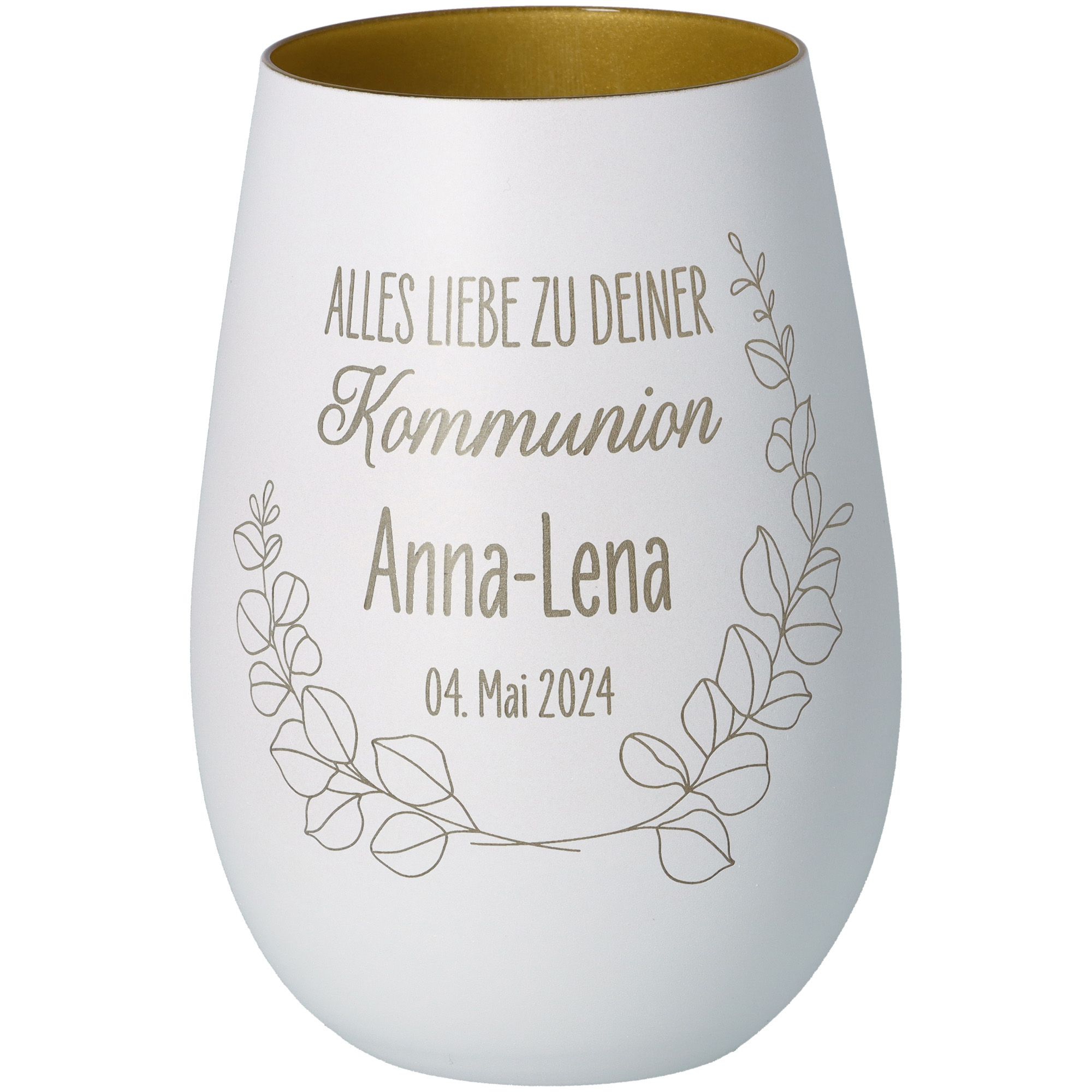 Windlicht Kommunion Weiß/Gold "Name + Datum" Windlicht Kommunion Weiß/Gold "Name + Datum"
