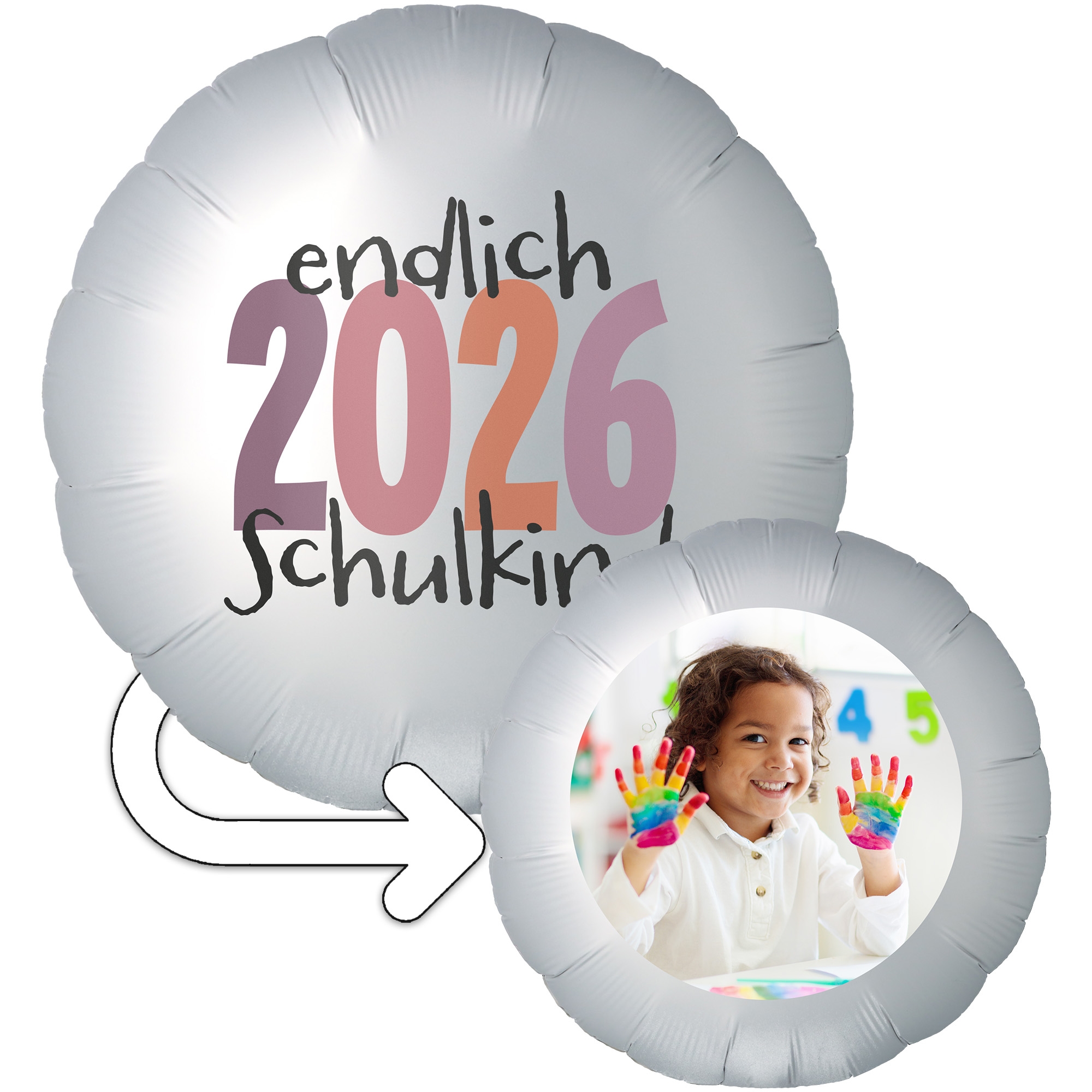 Folienballon 2-seitig FOTO mit "Endlich Schulkind" Rosa 45cm Kind, Weiblich, Mädchen, Person, Handschuh