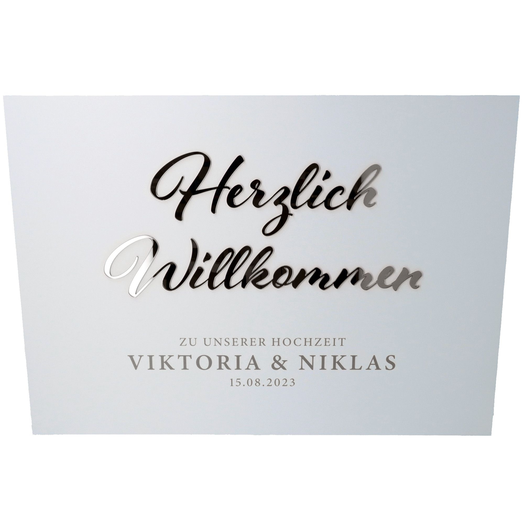 Willkommensschild Hochzeit "Namen & Datum" Silber 70x50 Willkommensschild Hochzeit "Namen & Datum" Silber 70x50
