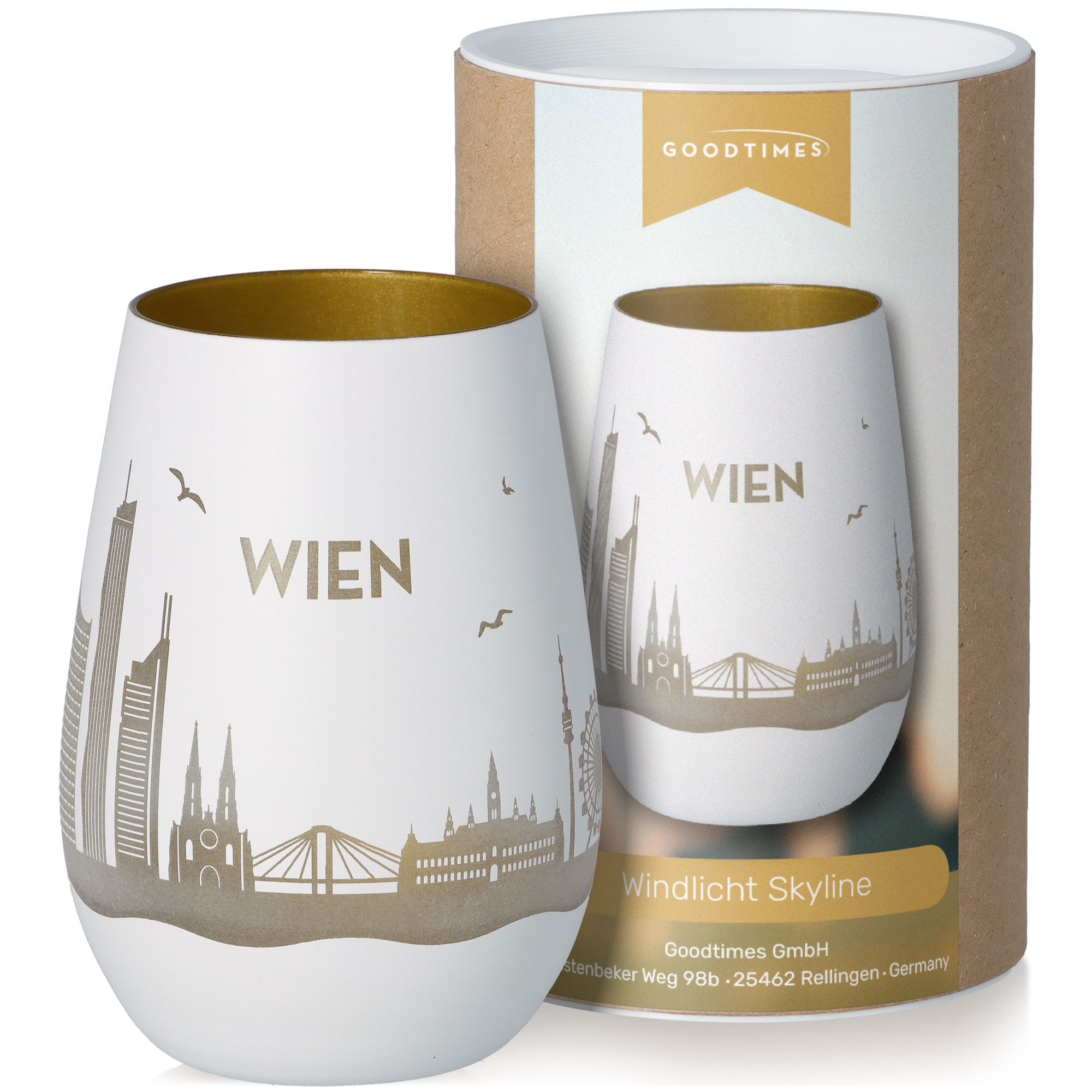 Windlicht Skyline Wien Weiß/Gold Töpferei, Lampe, Glas, Porzellan, Tasse
