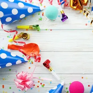 party hat, confetti, balloon, poppers, party decor