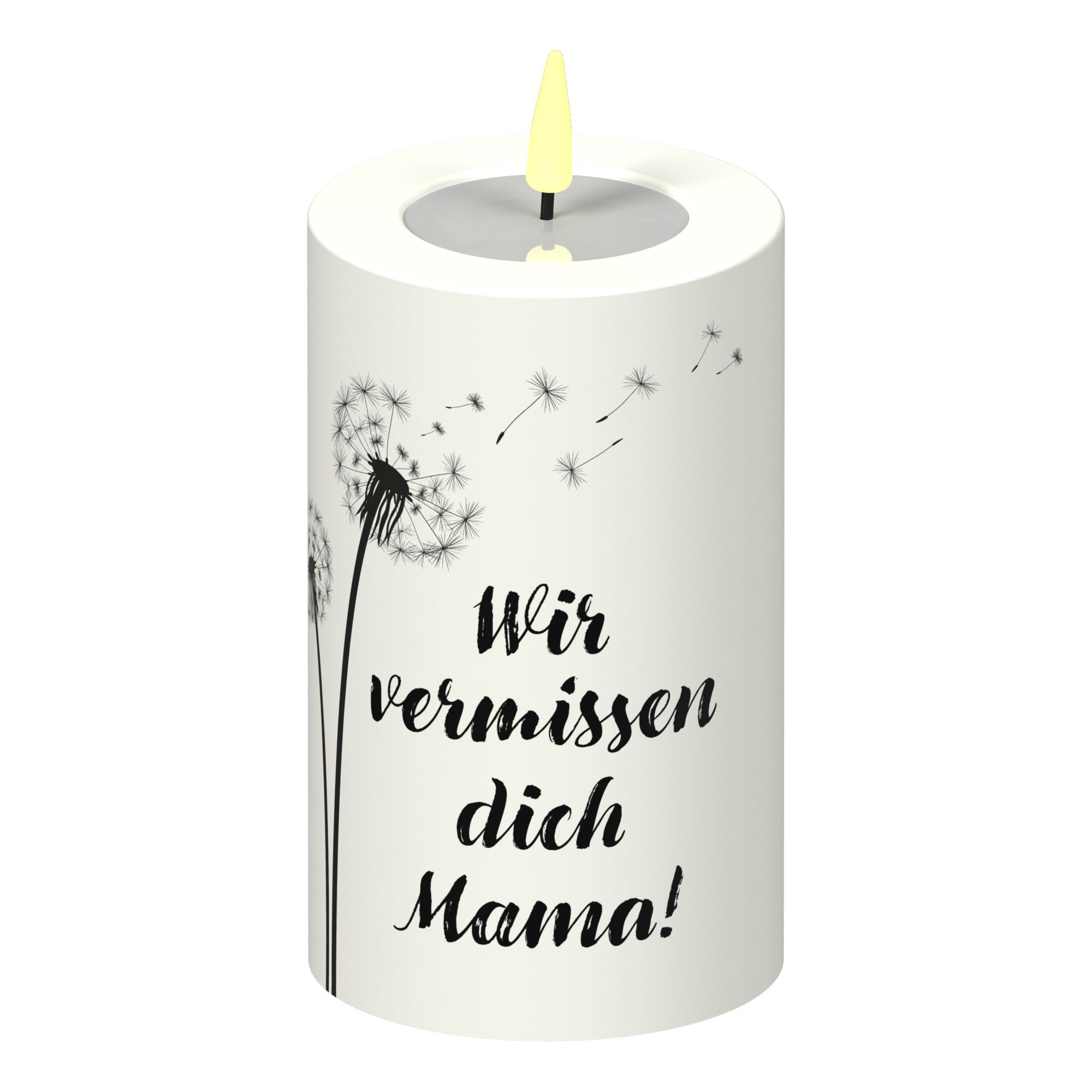 LED Stumpenkerze Weiß Pusteblume "Wir vermissen dich Mama!"