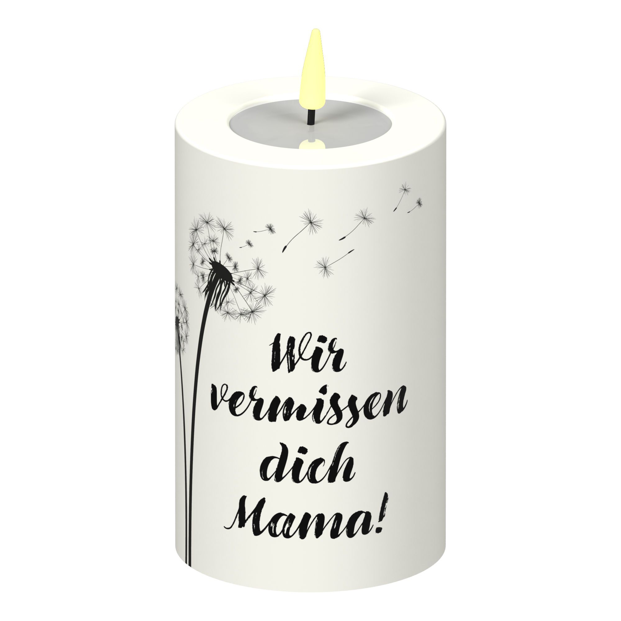 LED Stumpenkerze Weiß Pusteblume "Wir vermissen dich Mama!" LED Stumpenkerze Weiß Pusteblume "Wir vermissen dich Mama!"