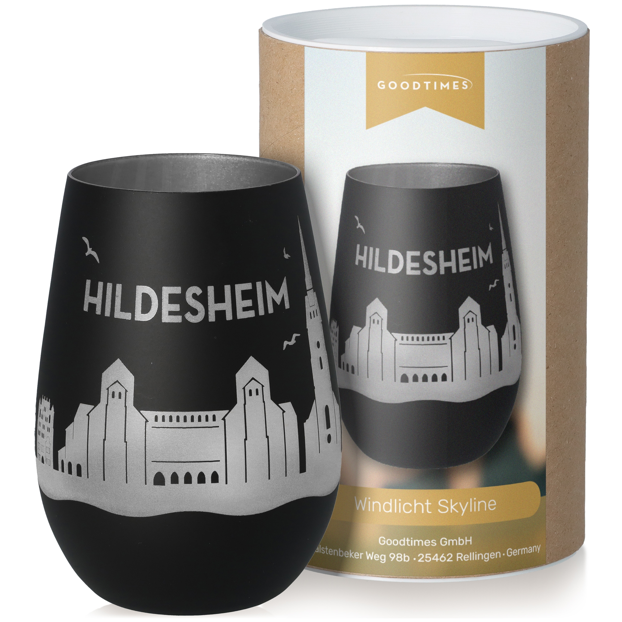 Windlicht Skyline Hildesheim Schwarz/Silber