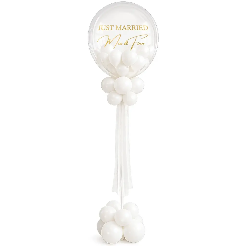 Ballonstrauß, Hochzeitsdekoration, Ballonbogen, Weiße Ballons, Just married Schild
