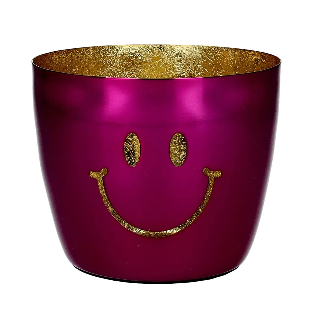 Torbagrüner Becher, Smiley-Topf, Metallbecher, Magenta Becher, Goldene Innenseite