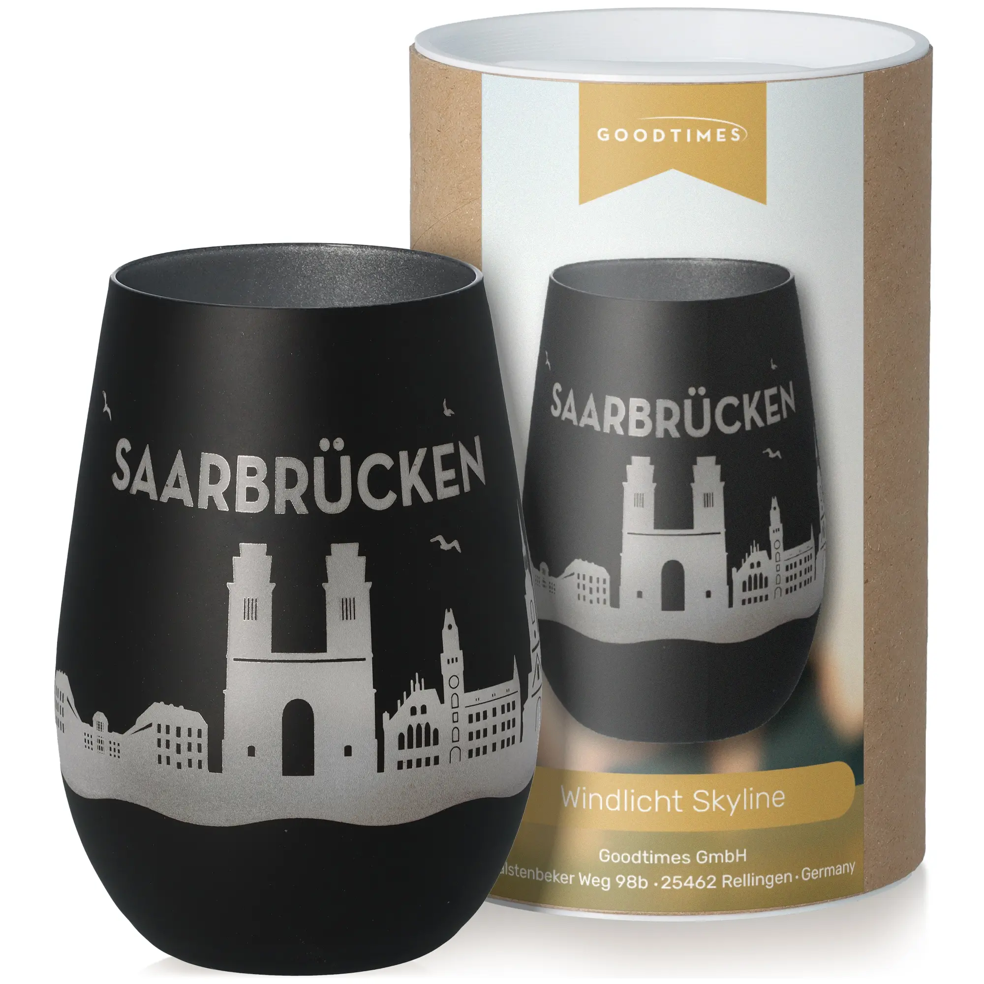 Windlicht Skyline Saarbrücken Schwarz/Silber