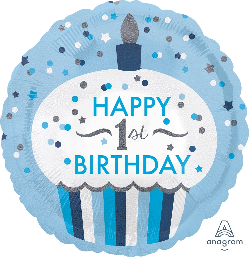 Folienballon Holographic "Happy 1st Birthday" Cupcake für Jungen 45cm