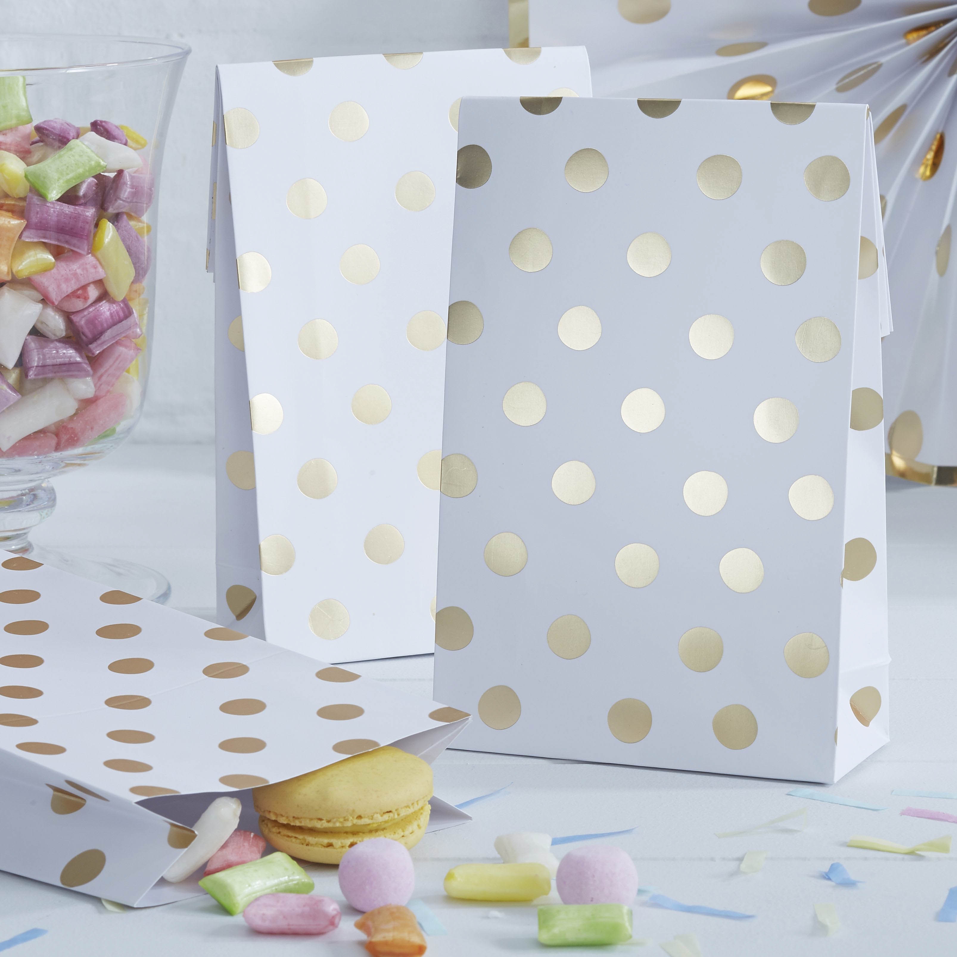 Pick and Mix - 8 Polka Dots Süßigkeiten Papiertüten Gold