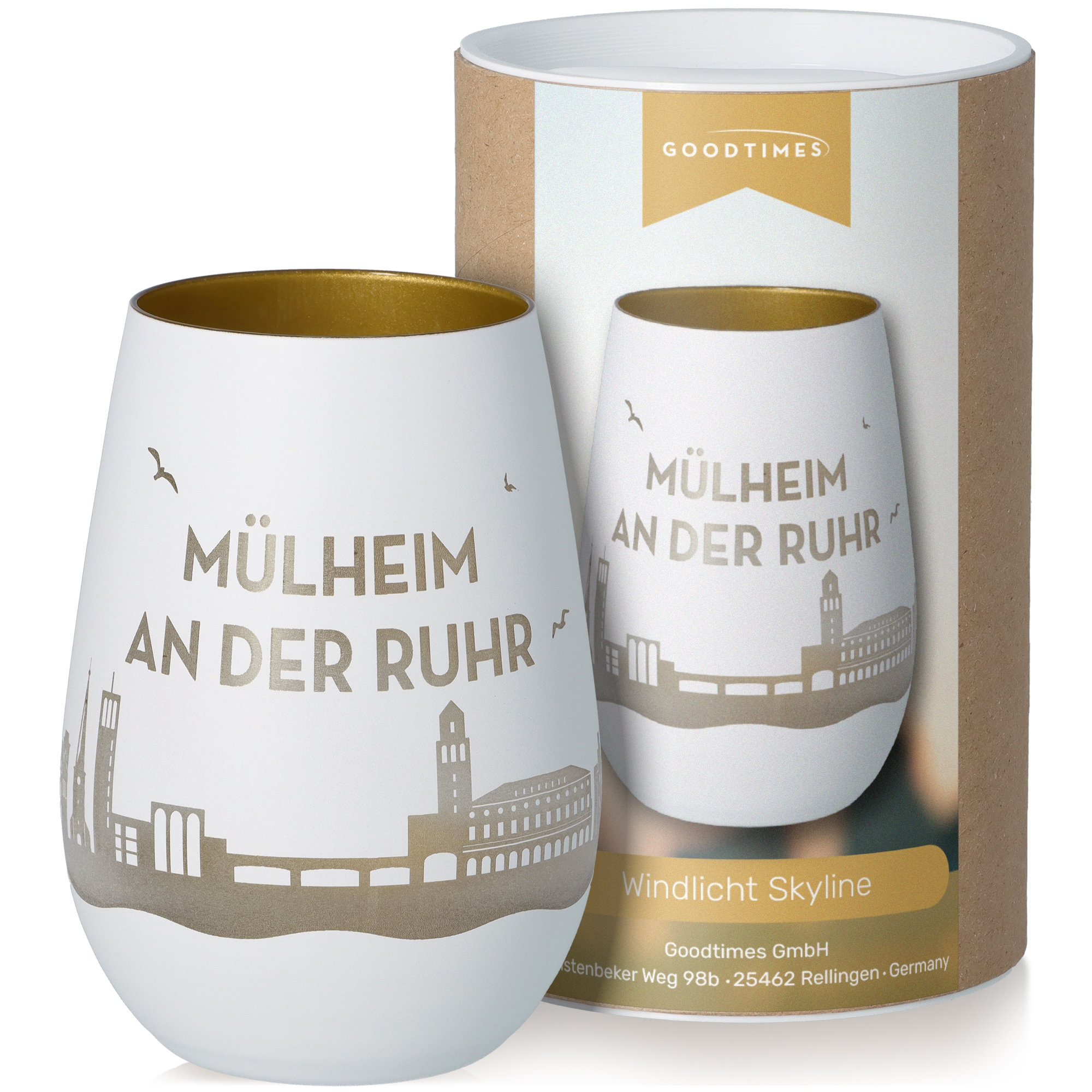 Windlicht Skyline Mülheim an der Ruhr Weiß/Gold Töpferei, Krug, Tasse