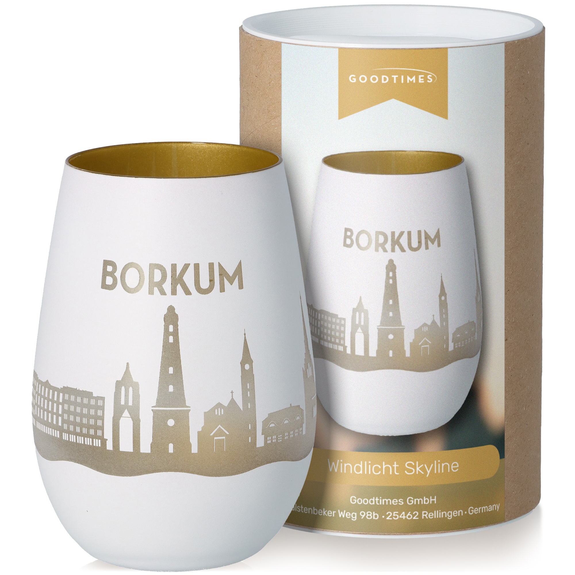Windlicht Skyline Borkum Weiß/Gold Töpferei, Kunst, Porzellan, Tasse