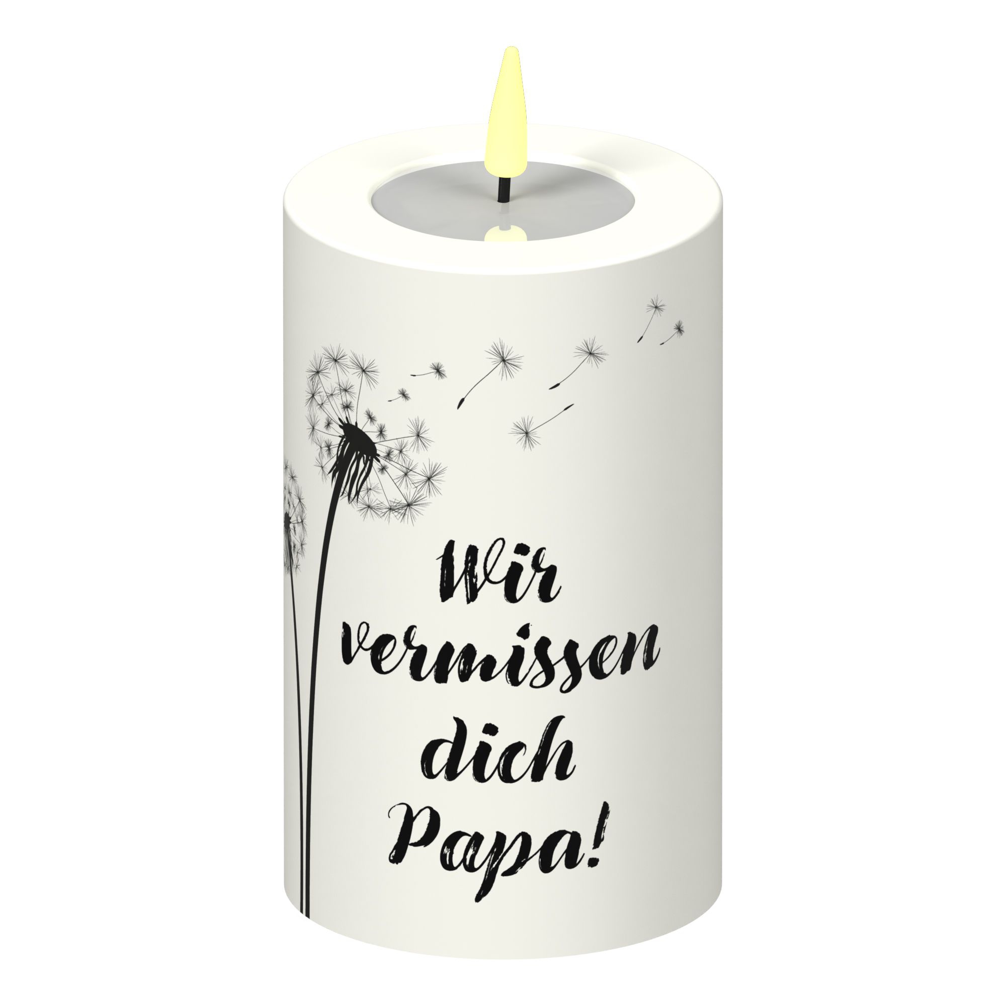 LED Stumpenkerze Weiß Pusteblume "Wir vermissen dich Papa!" LED Stumpenkerze Weiß Pusteblume "Wir vermissen dich Papa!"