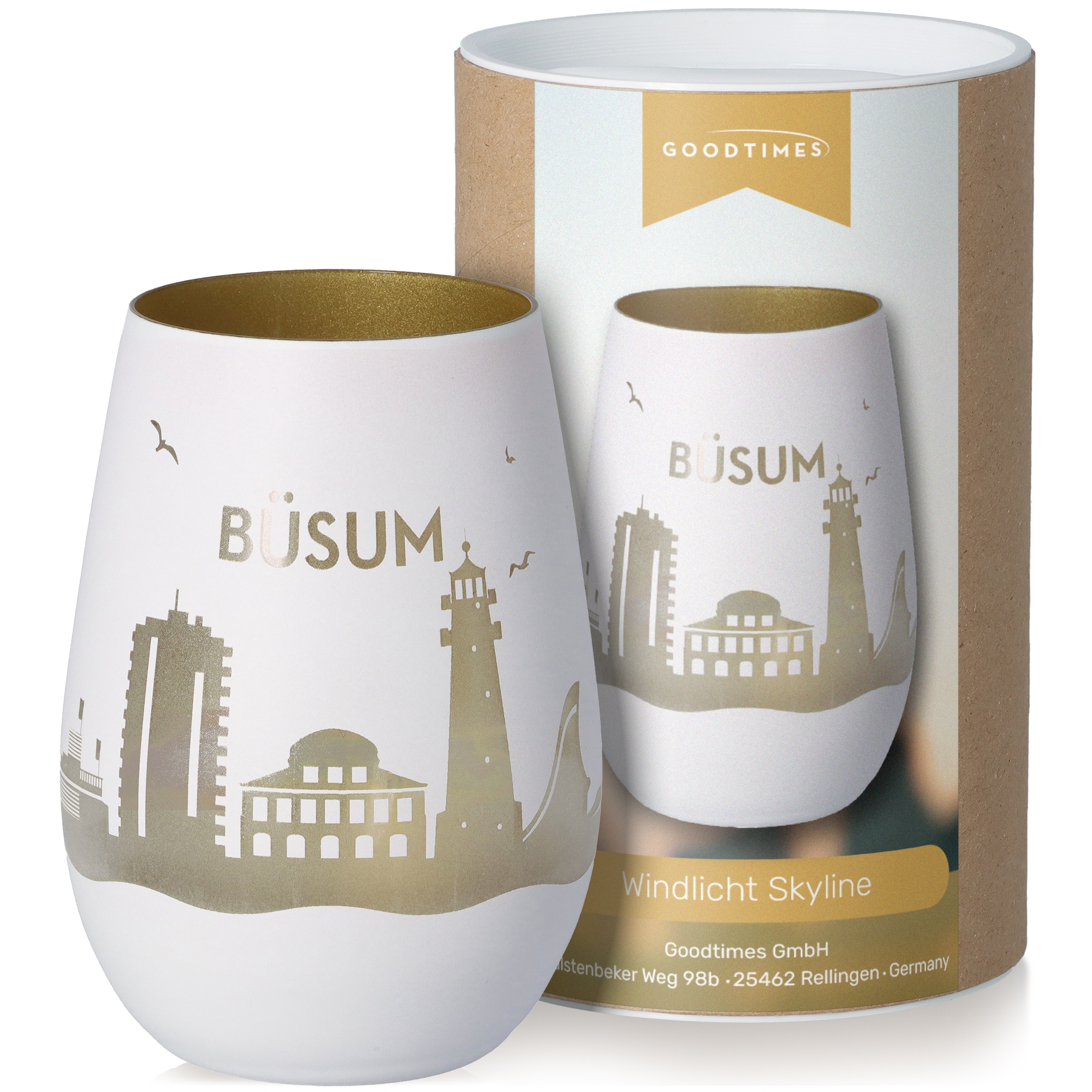 Windlicht Skyline Büsum Weiß/Gold Töpferei, Tasse, Krug, Kunst, Porzellan