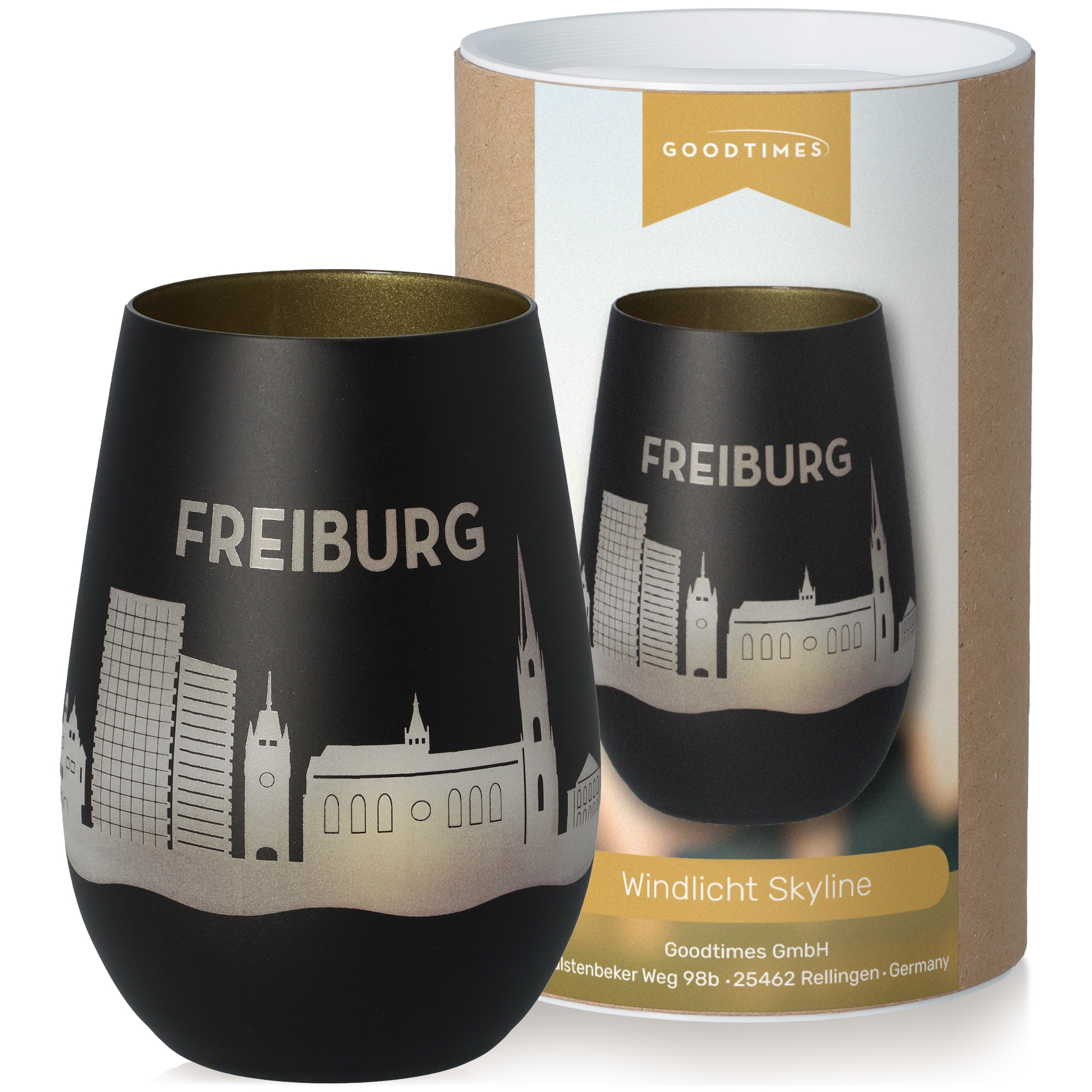 Windlicht Skyline Freiburg Schwarz/Gold Krug, Töpferei