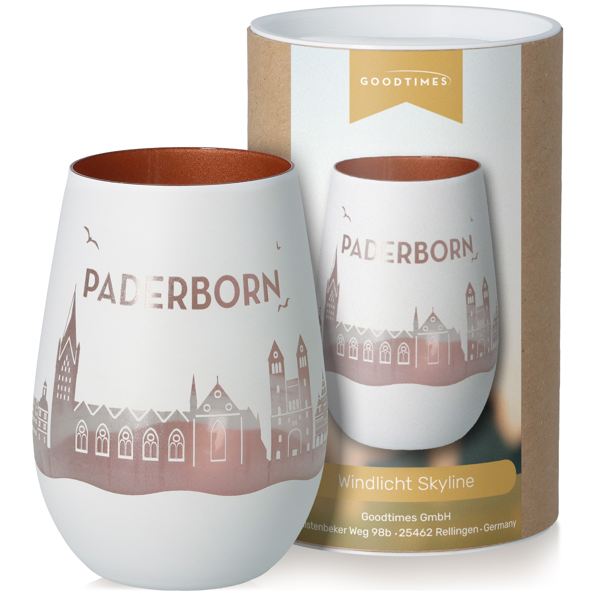 Windlicht Skyline Paderborn Weiß/Bronze Töpferei, Tasse, Porzellan, Kaffee, Kaffeetasse