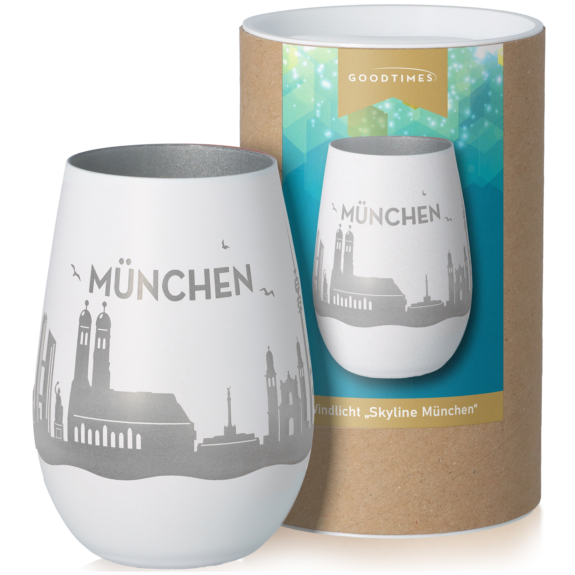 Windlicht Skyline München Weiß/Silber