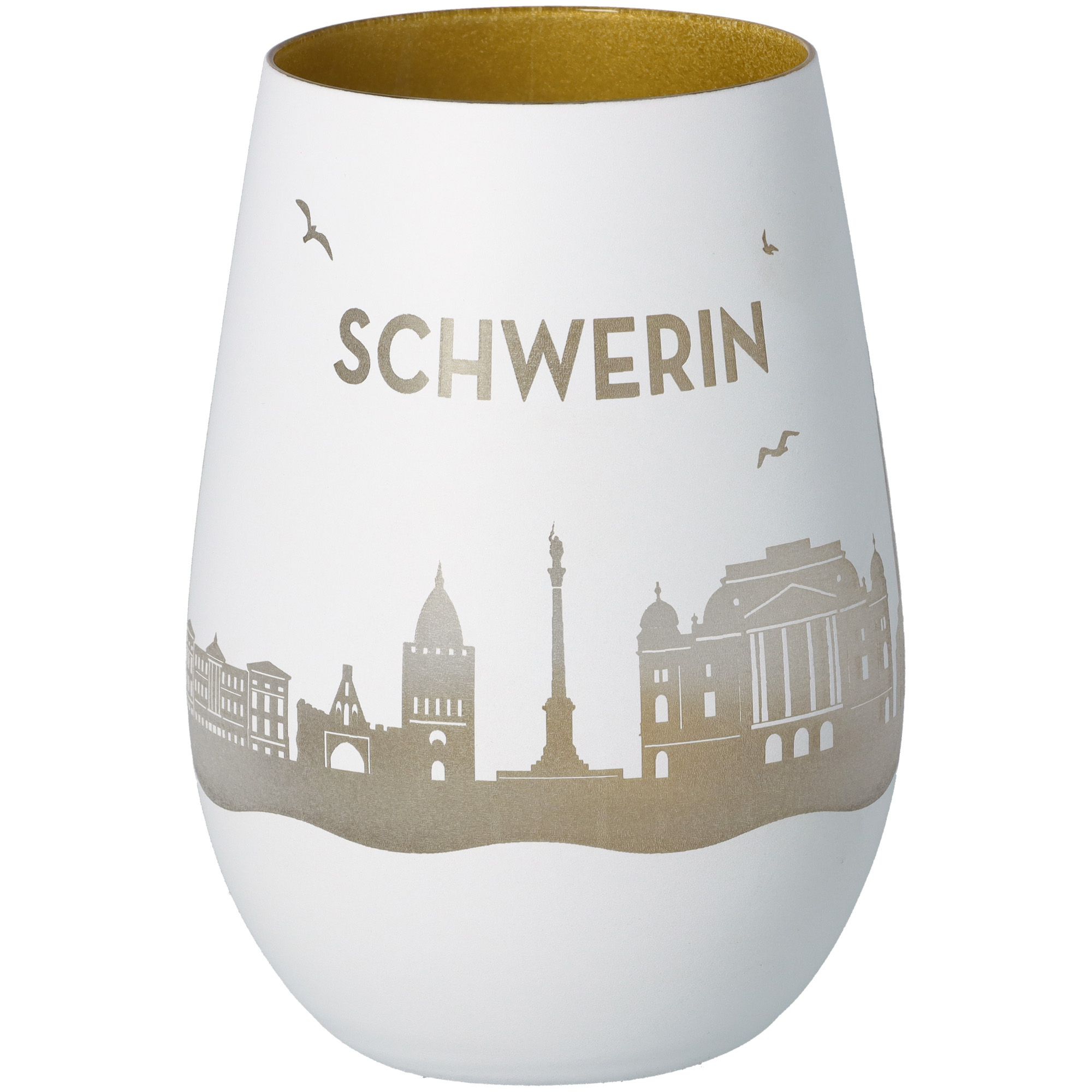 Windlicht Skyline Schwerin Weiß/Gold