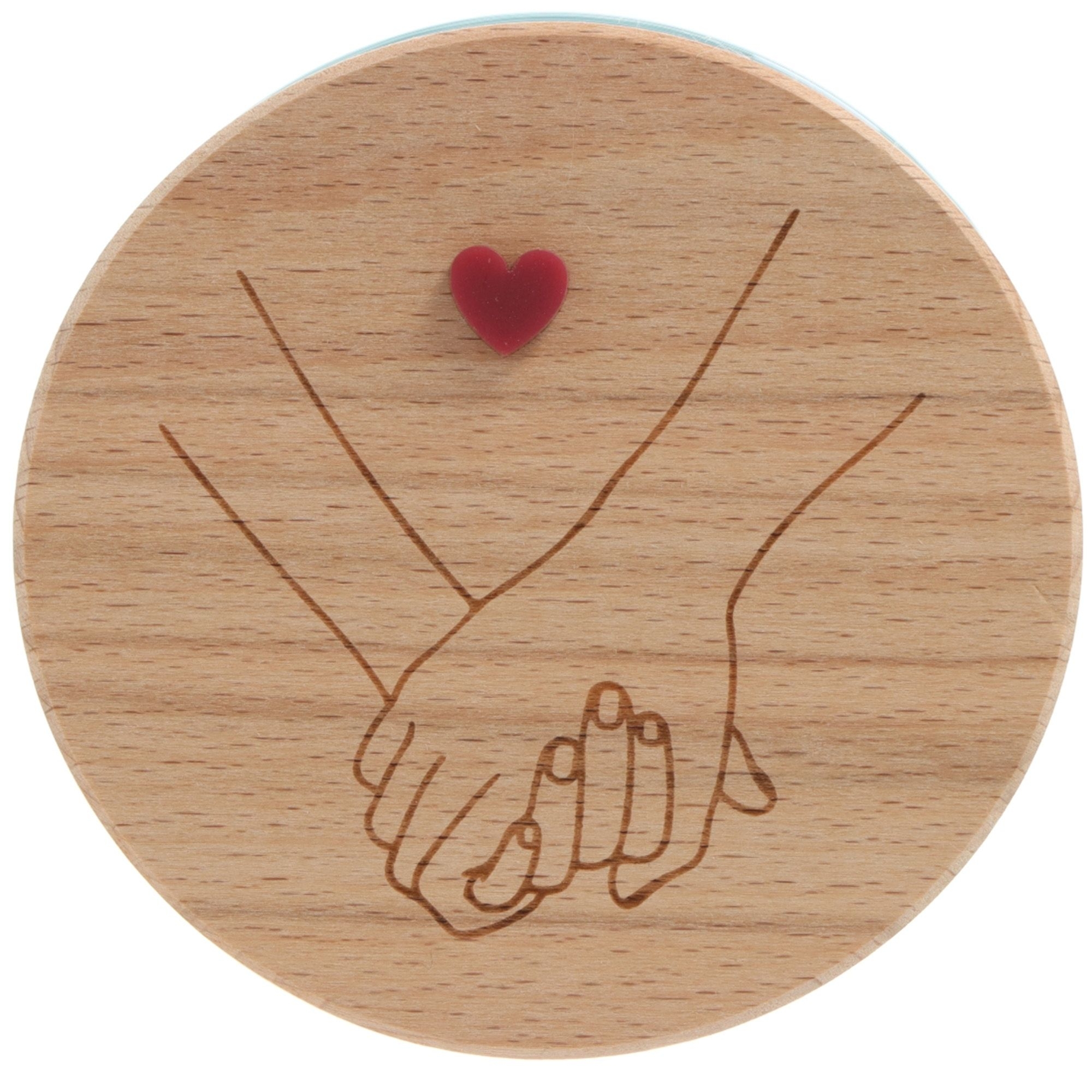 Holzuntersetzer, Paarhanden, Herzsymbol, Holzplatte, Hand in Hand