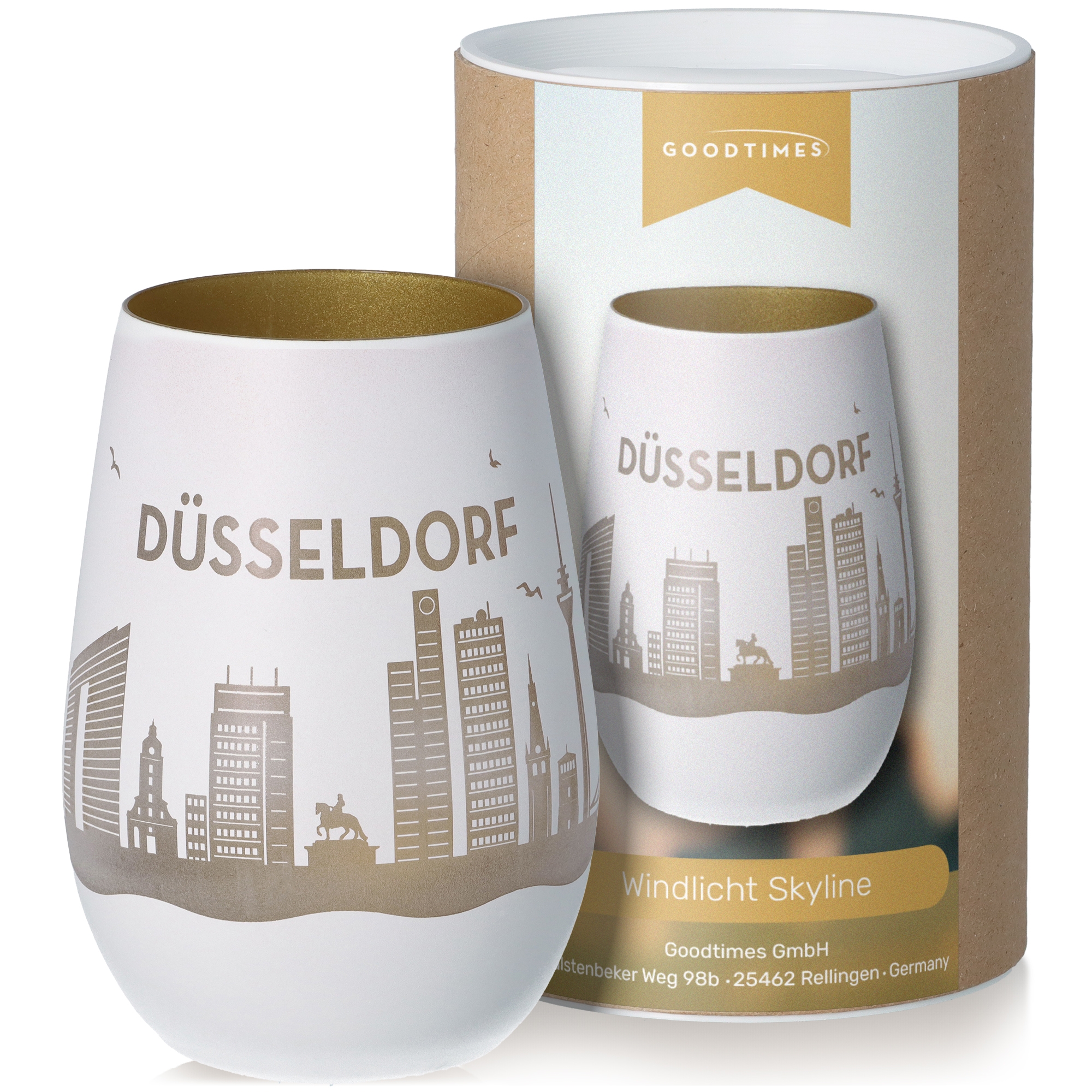Windlicht Skyline Düsseldorf Weiß/Gold Töpferei, Tasse, Kunst, Porzellan, Glas