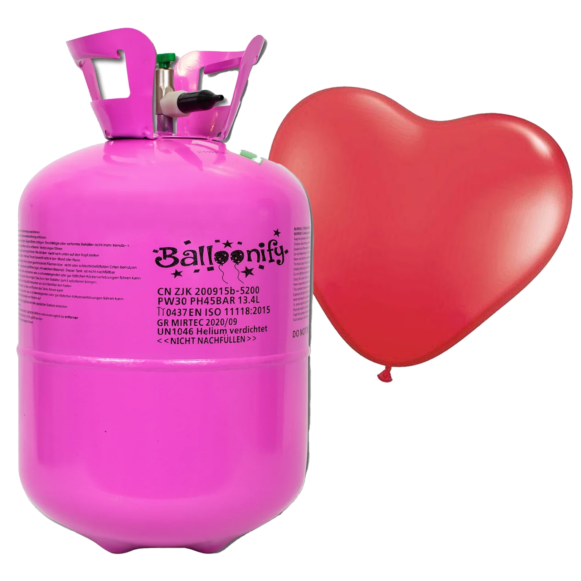 50er Ballonset: 50 rote Herzballons (23 cm) und Bänder mit Helium Einweg-Flasche Zylinder, Ballon