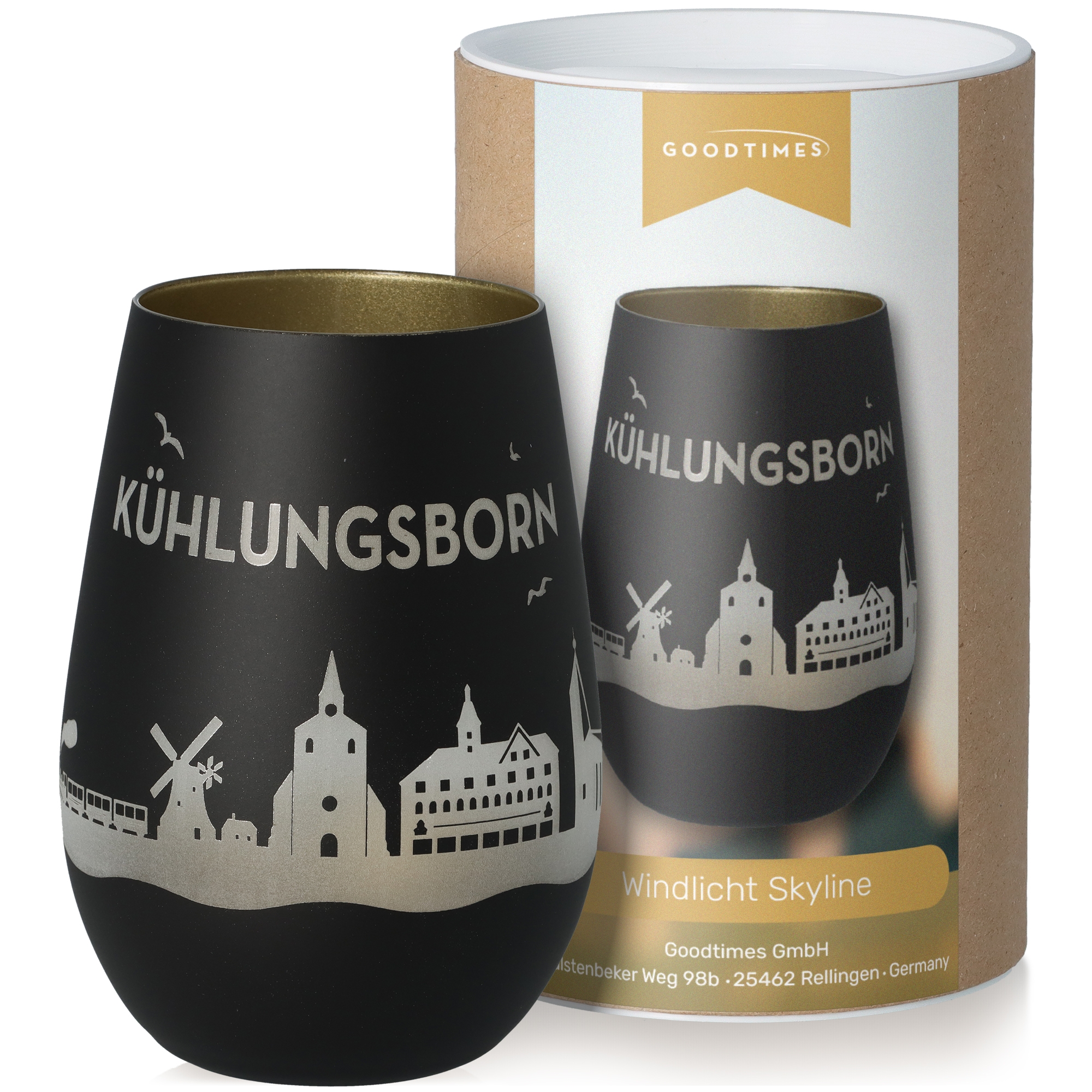 Windlicht Skyline Kühlungsborn Schwarz/Gold Pokal, Töpferei, Krug