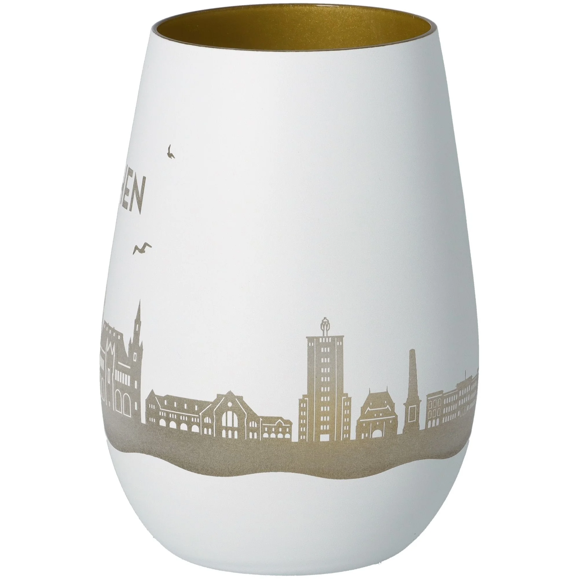 vasvase??, weiße vase, goldenes innen, stadt skyline, keramische vase