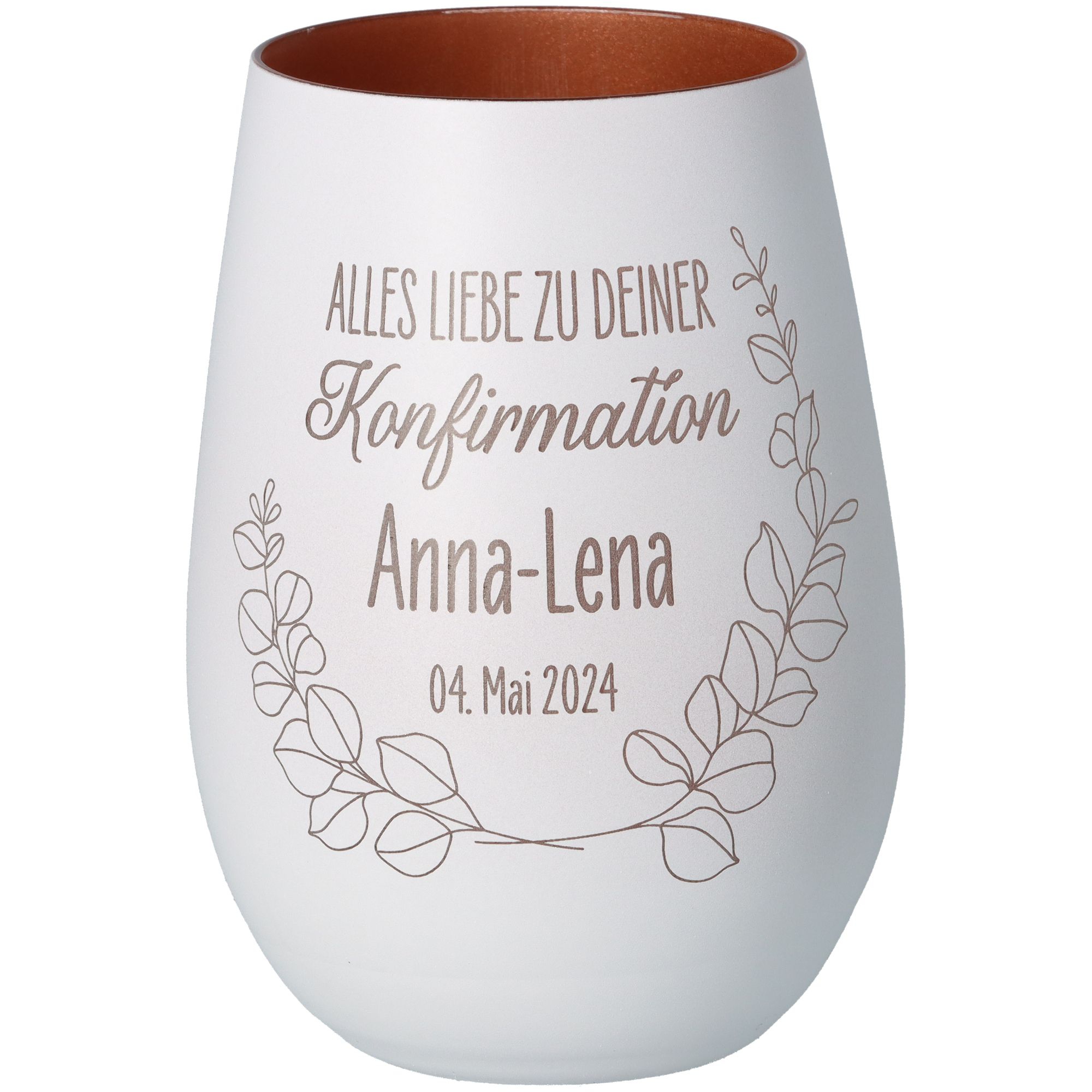 Windlicht Konfirmation Weiß/Bronze "Name + Datum" Windlicht Konfirmation Weiß/Bronze "Name + Datum"