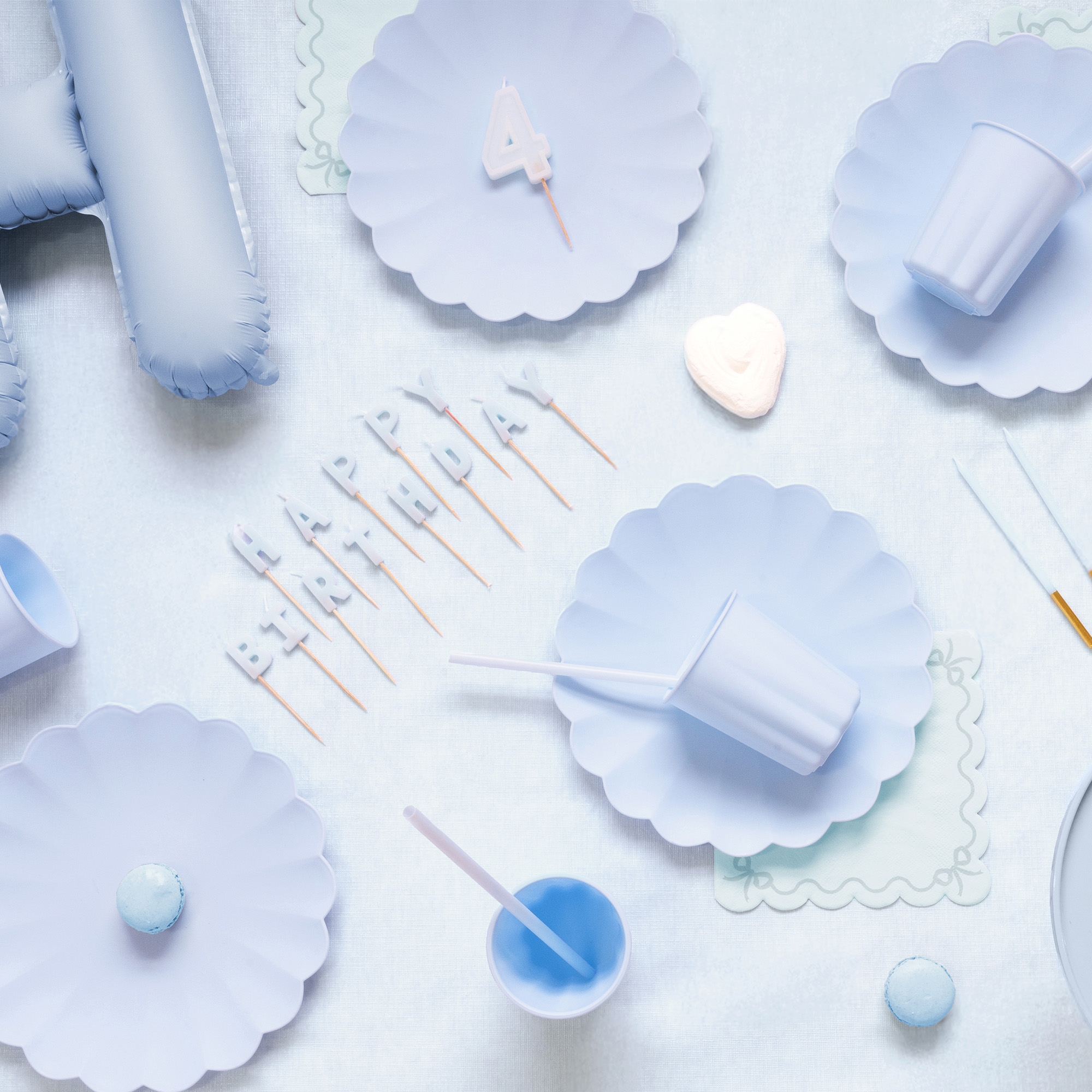 Geburstagskerzen "Happy Birthday" Hellblau Porzellan, Besteck, Löffel, Teller, Tasse