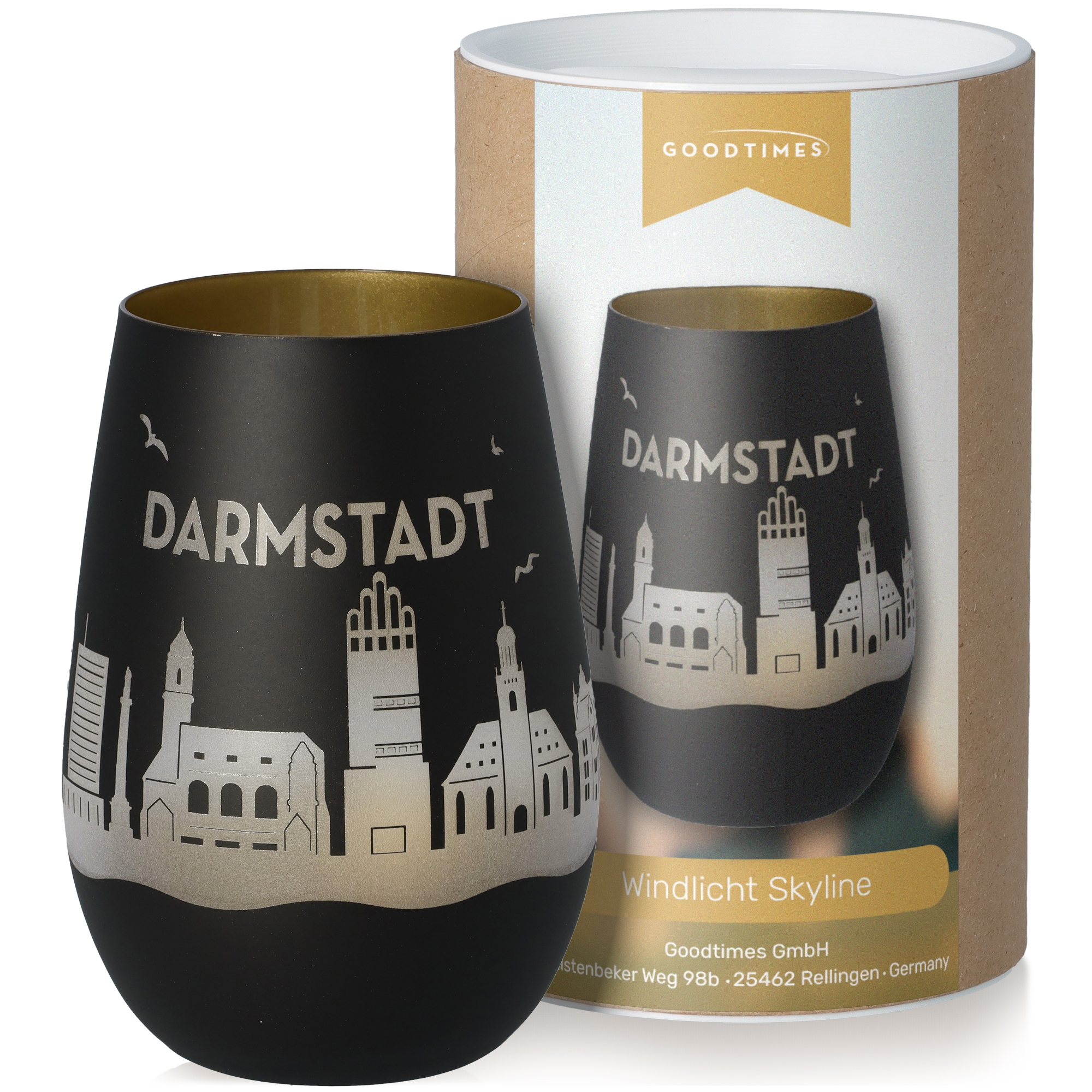 Windlicht Skyline Darmstadt Schwarz/Gold Lampe, Tasse