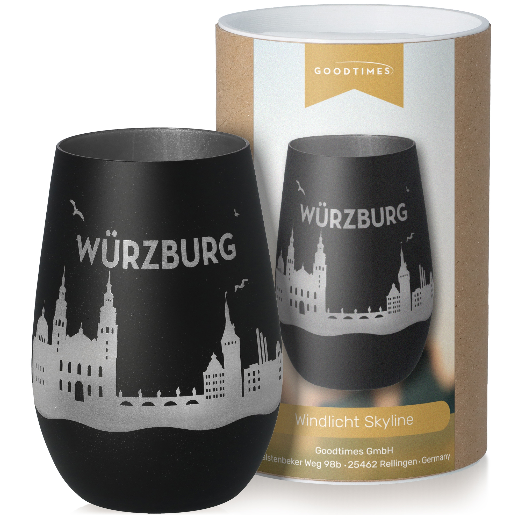 Windlicht Skyline Würzburg Schwarz/Silber Krug, Töpferei