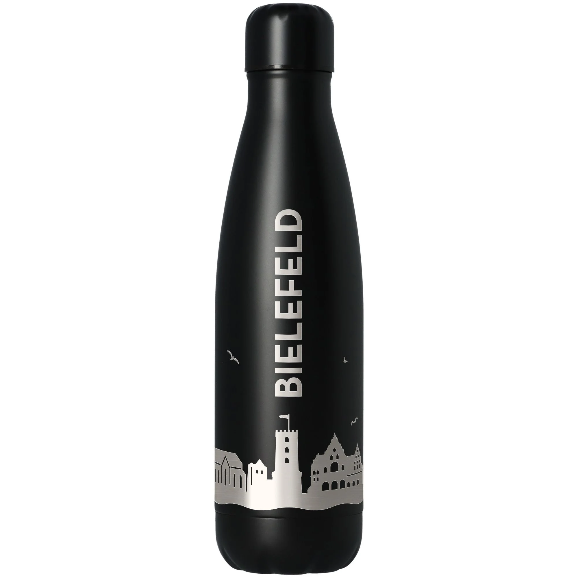 Thermalflasche, Wasserflasche, Alltag, schwarz, Stadtmotiv