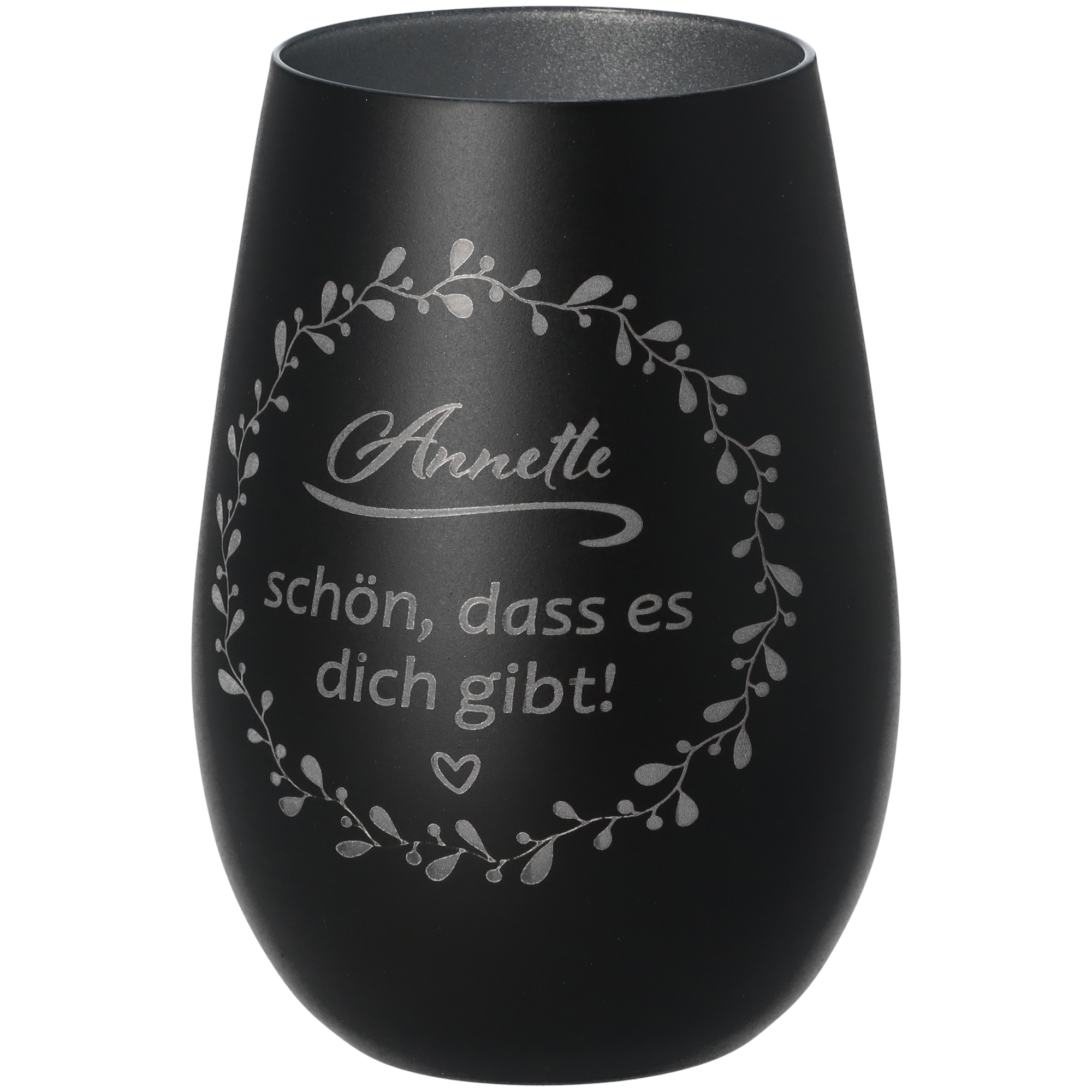 Windlicht Schön, dass es dich gibt "Name" Schwarz/Silber 465ml