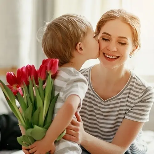 Kuss, Mutter Kind, Tulpen, Bouquet, Blumen