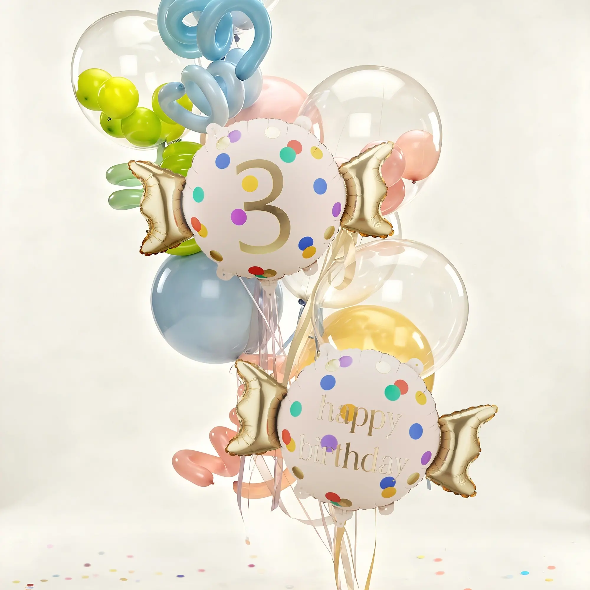 balloons, birthday decor, party balloons, confetti dots, nummer ballon 3